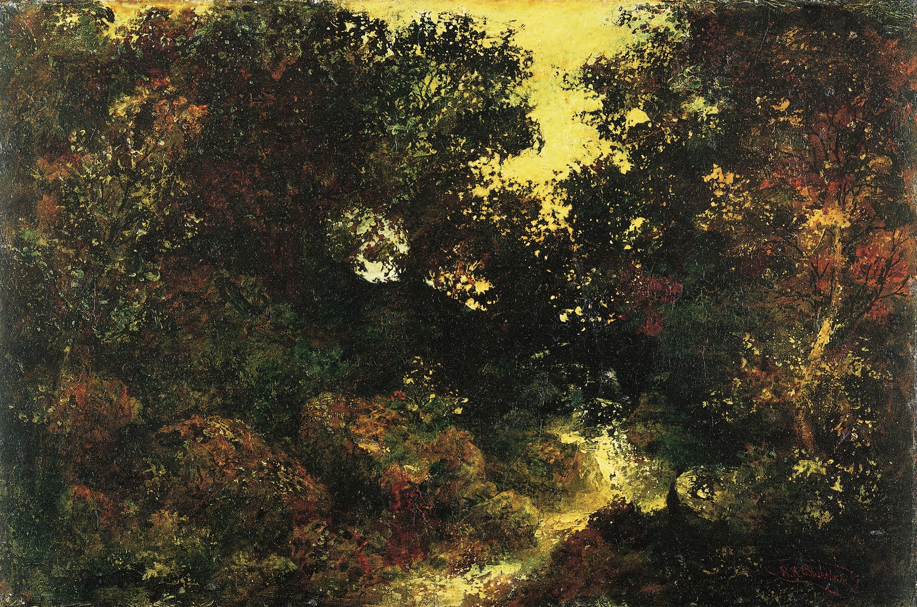 Woodland Brook by Ralph Albert Blakelock, oil on canvas, depicting a tranquil forest with a brook.