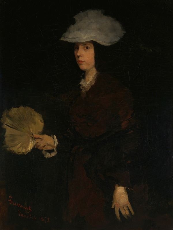 A portrait of a woman holding a fan, showcasing Frank Duveneck's realistic style.