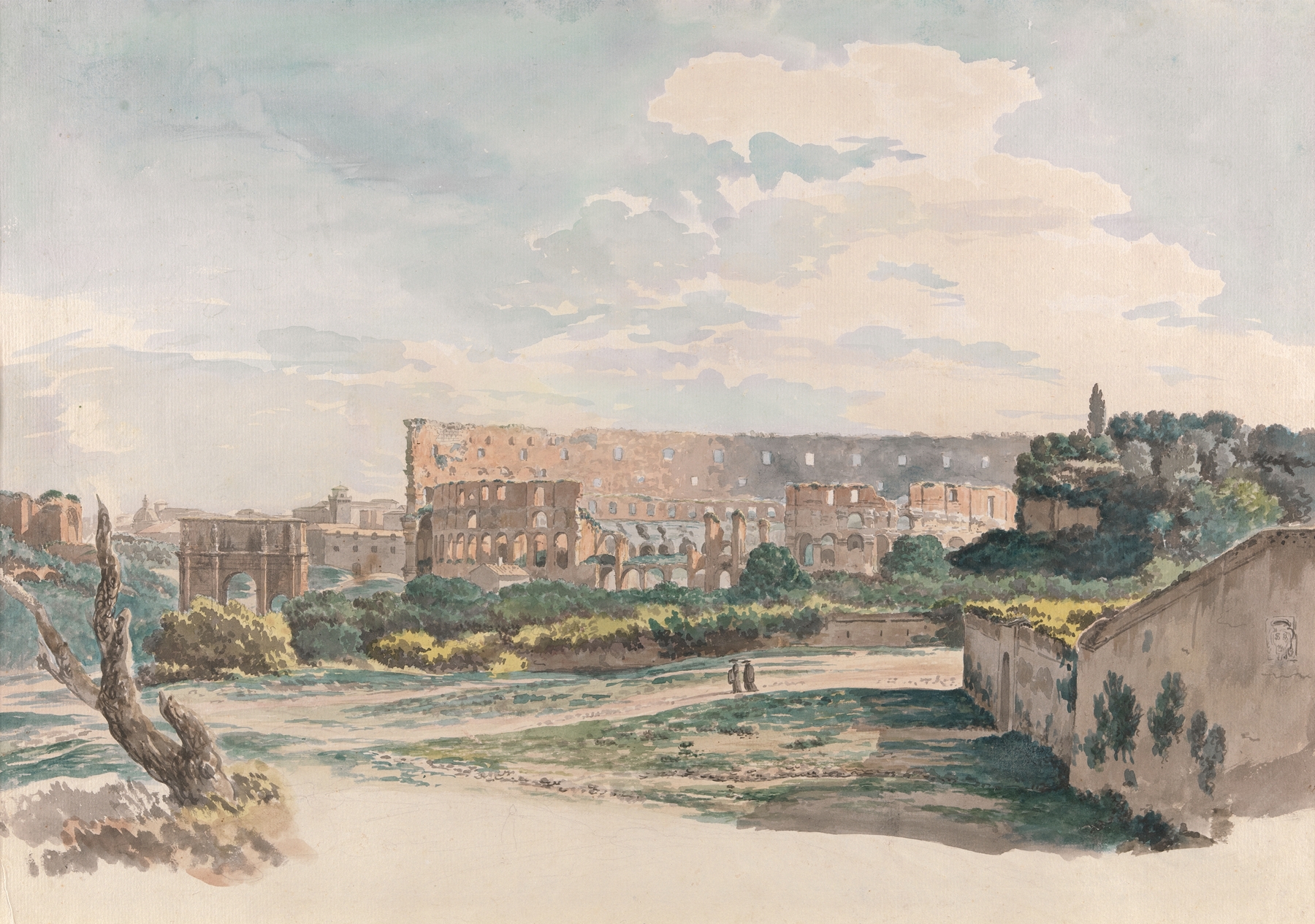 Engraving by Carlo Labruzzi depicting the Colosseum and Forum in Rome.