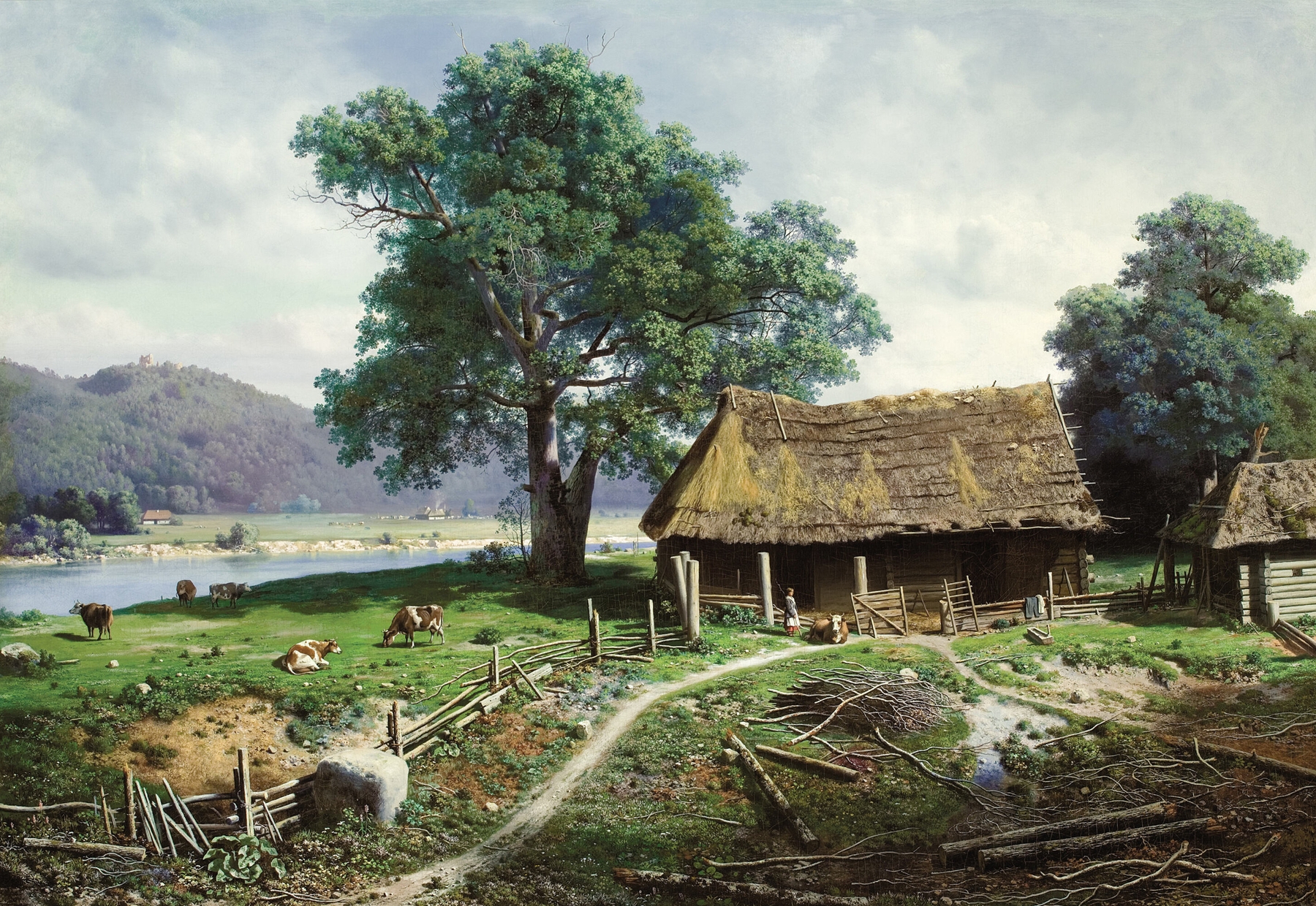 Riverside Farmstead by Mikhail Klodt, oil painting of a farmhouse by a river.