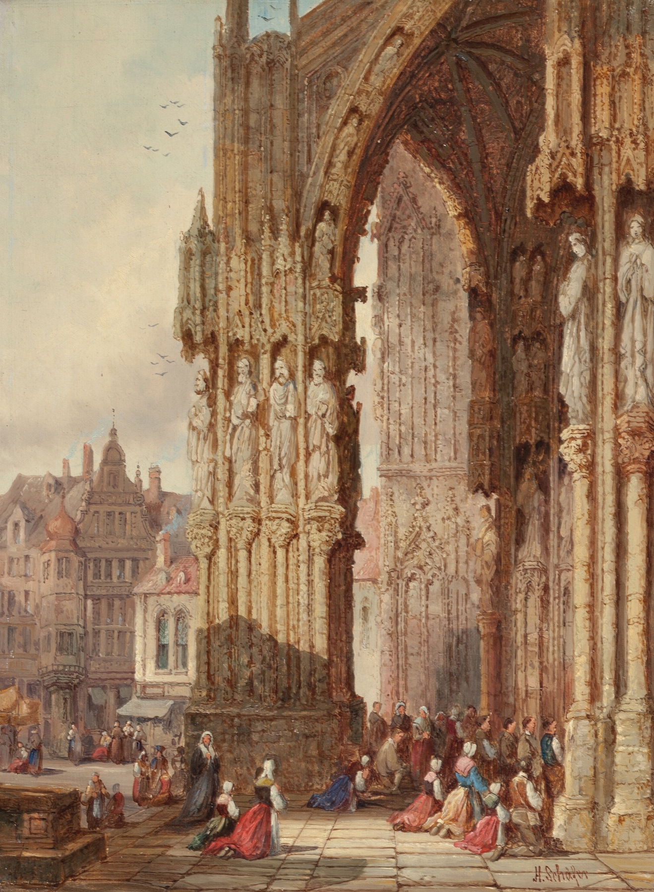 Regensburg Cathedral of St. Peter, oil painting by Henry Thomas Schafer, featuring towering spires and a golden sky.