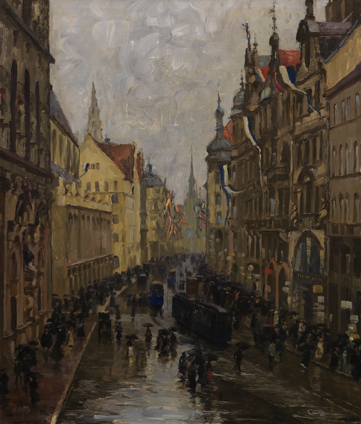 Kaufingerstraße in München by Charles Vetter, oil painting depicting a bustling street scene.