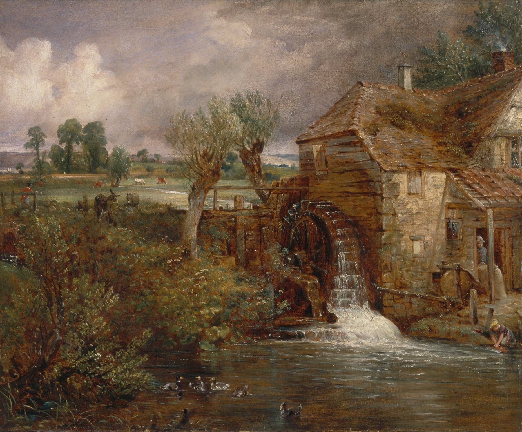 Parham Mill, Gillingham by John Constable, oil on canvas depicting a tranquil landscape with a mill and trees.
