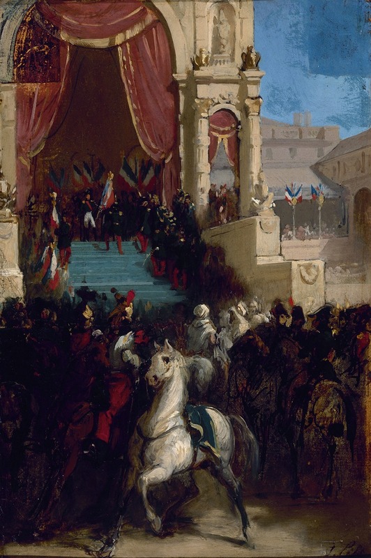 A historical painting depicting the distribution of eagles and the blessing of flags in 1852.