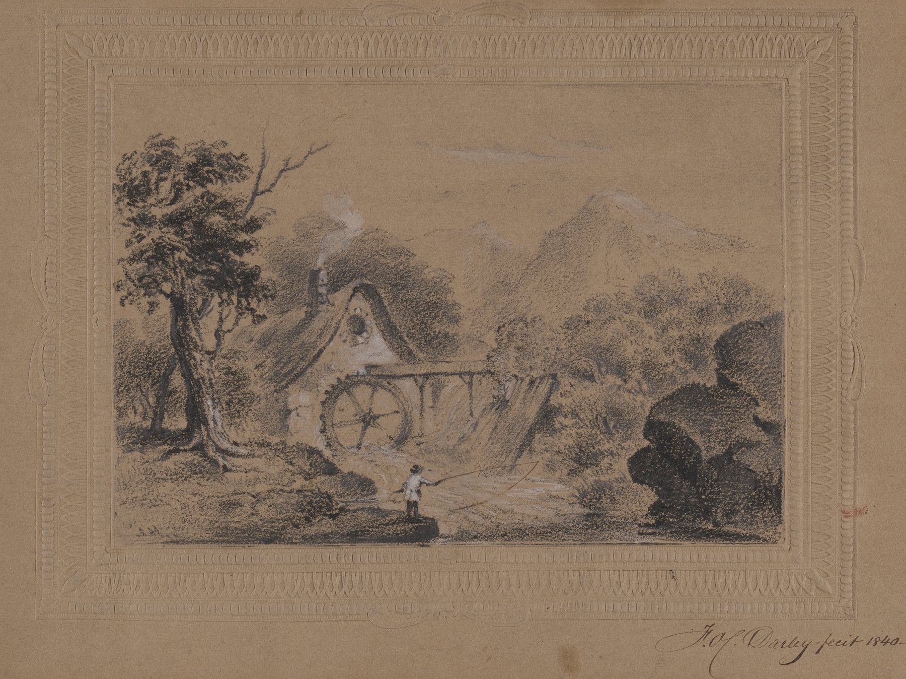 Angling scene with waterwheel, oil on canvas by Felix Octavius Carr Darley