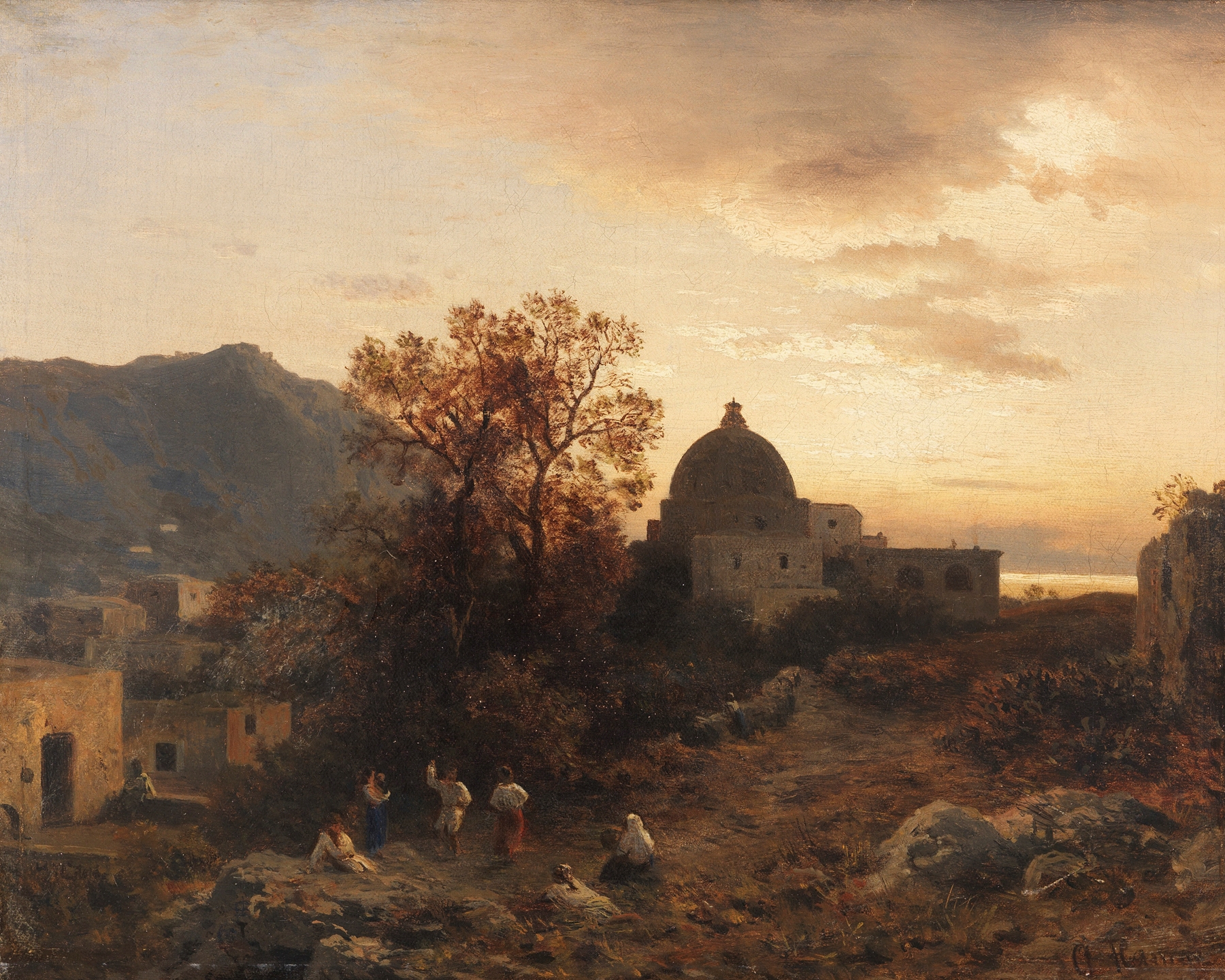 Abendstimmung an der italienischen Küste mit tanzenden Figuren, oil on canvas by Albert Flamm