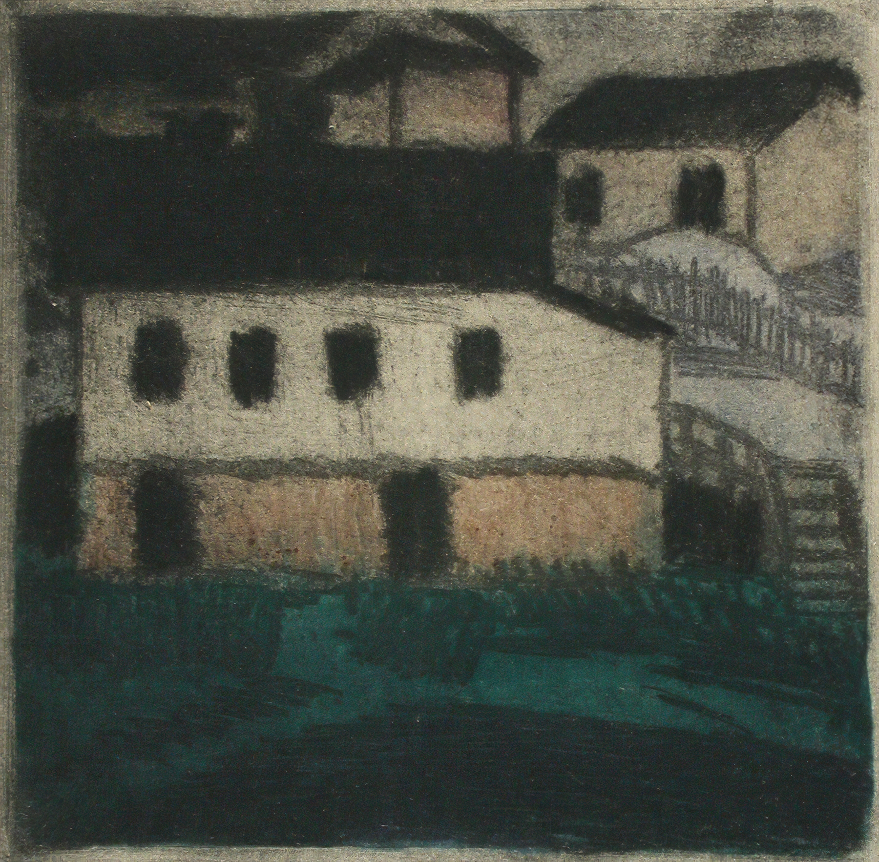 Houses on the beach by Alvar Cawén, expressionism, depicting a turbulent sky and crashing waves.