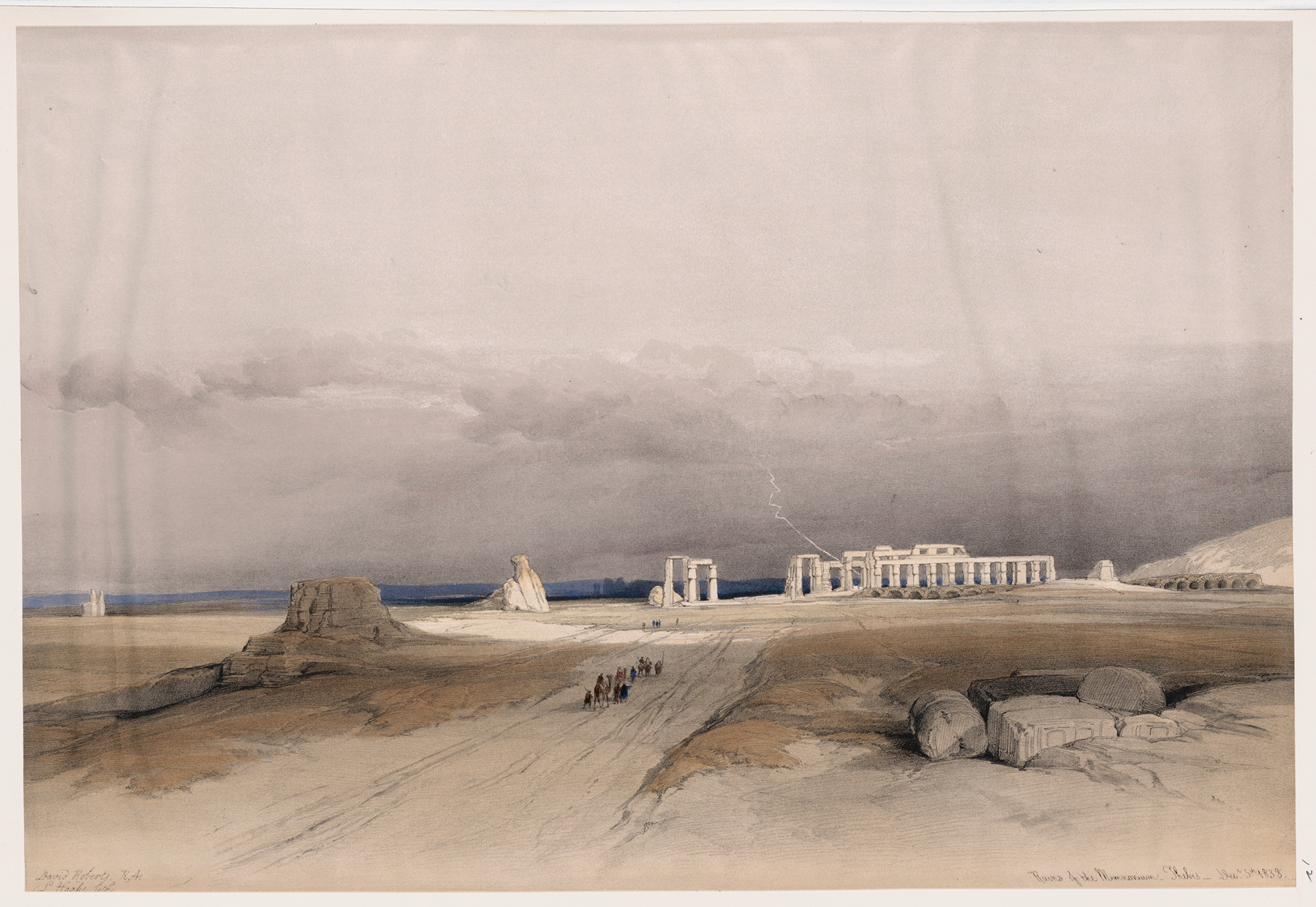 Ruins of the Memnonium, Thebes by David Roberts, watercolor on paper, featuring ancient columns and a washed-out sky.