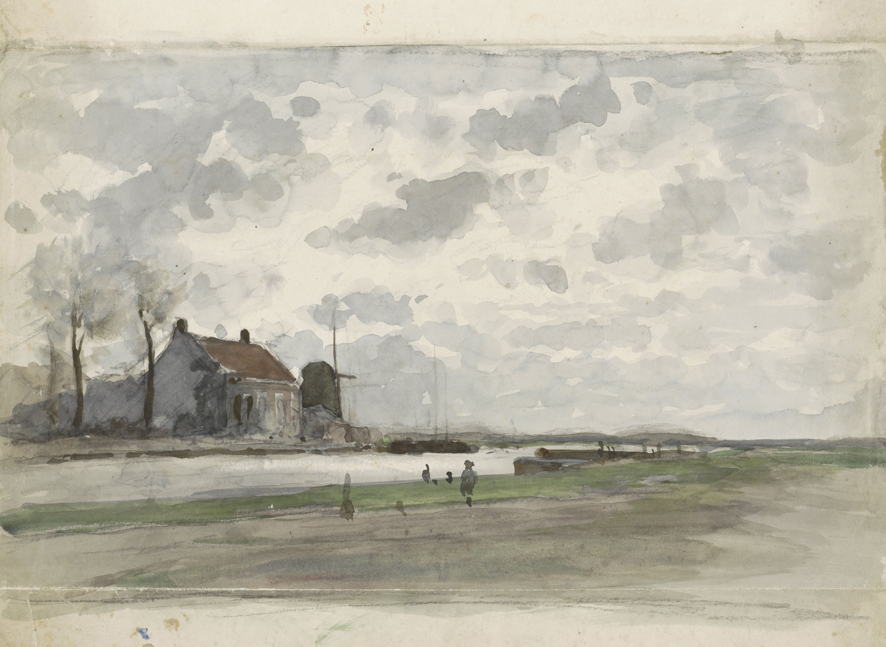 Vaart met een molen by Julius Jacobus van de Sande Bakhuyzen, oil painting depicting a boat near a windmill.