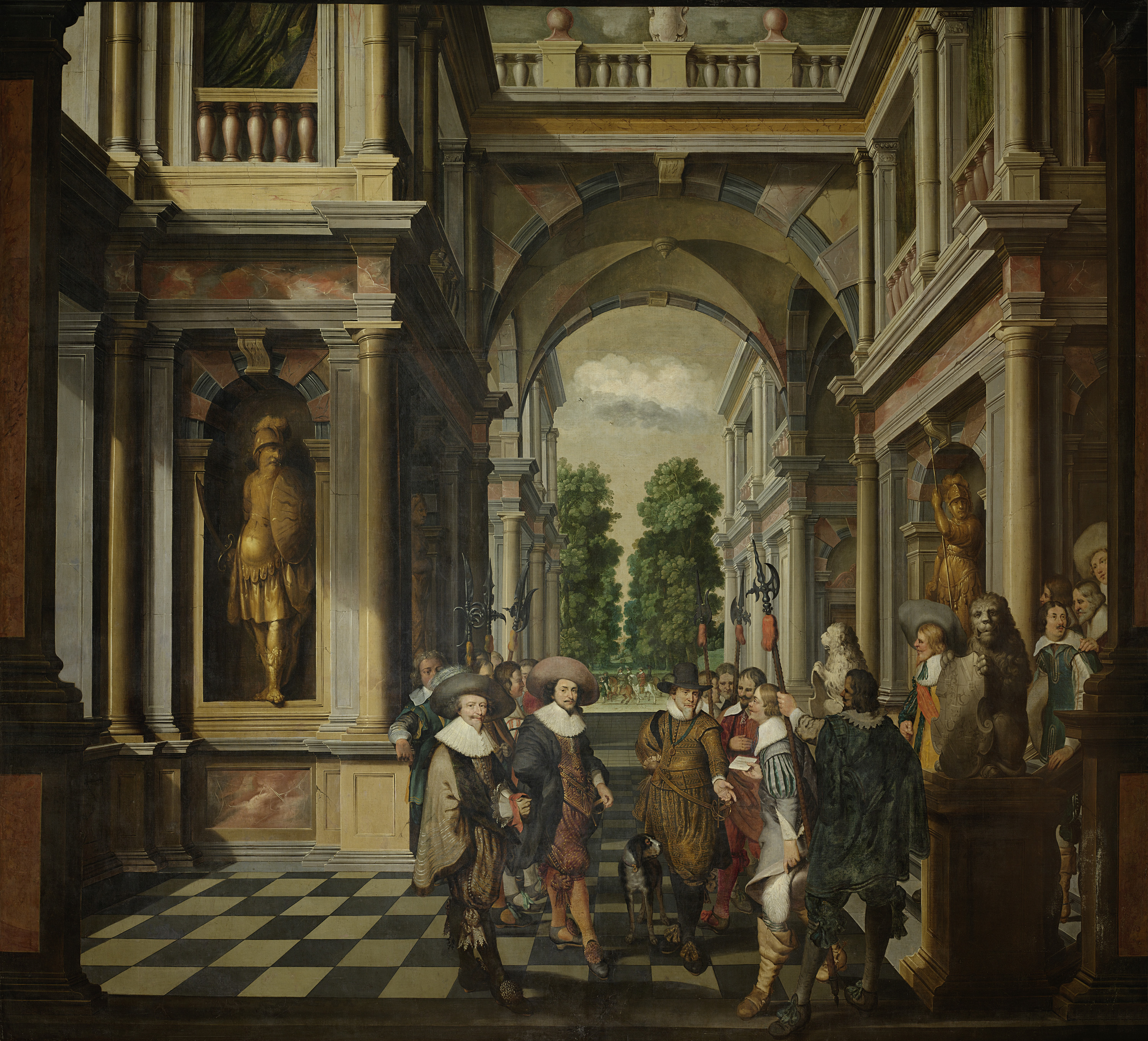 Interior scene with ornate gallery and figures, oil on canvas by Dirck van Delen
