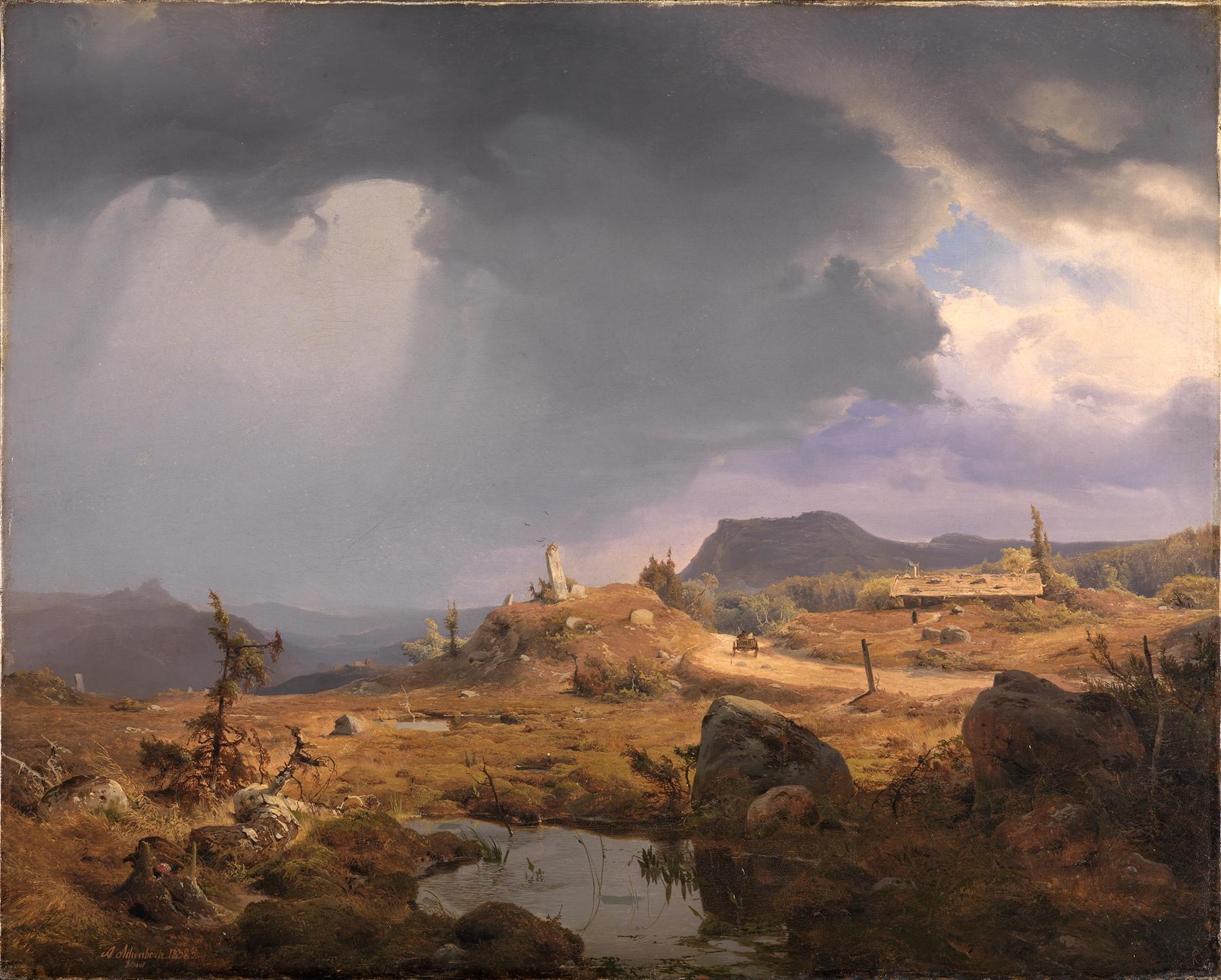 Norwegian landscape by Andreas Achenbach, oil painting depicting a tranquil fjord and mountains.