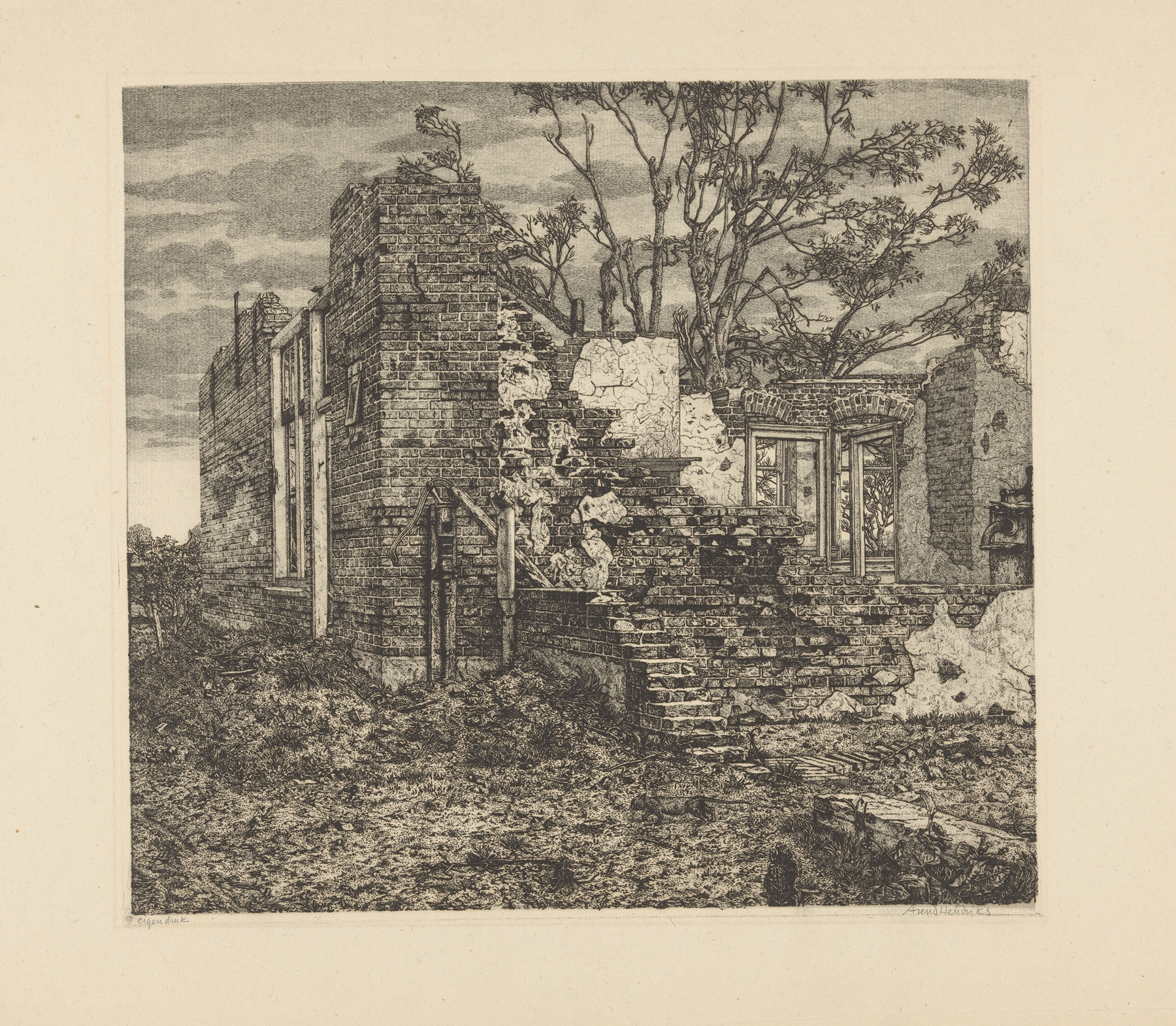Ruïne van een huis by Arend Hendriks, oil on canvas depicting a crumbling home in a landscape.