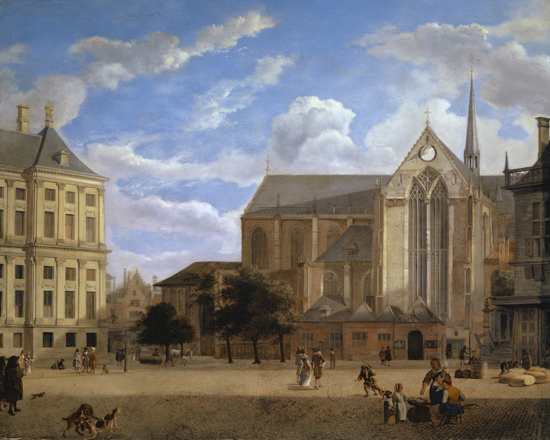 The Dam in Amsterdam towards the Townhall and Nieuwe Kerk, by Jan van der Heyden, public domain
