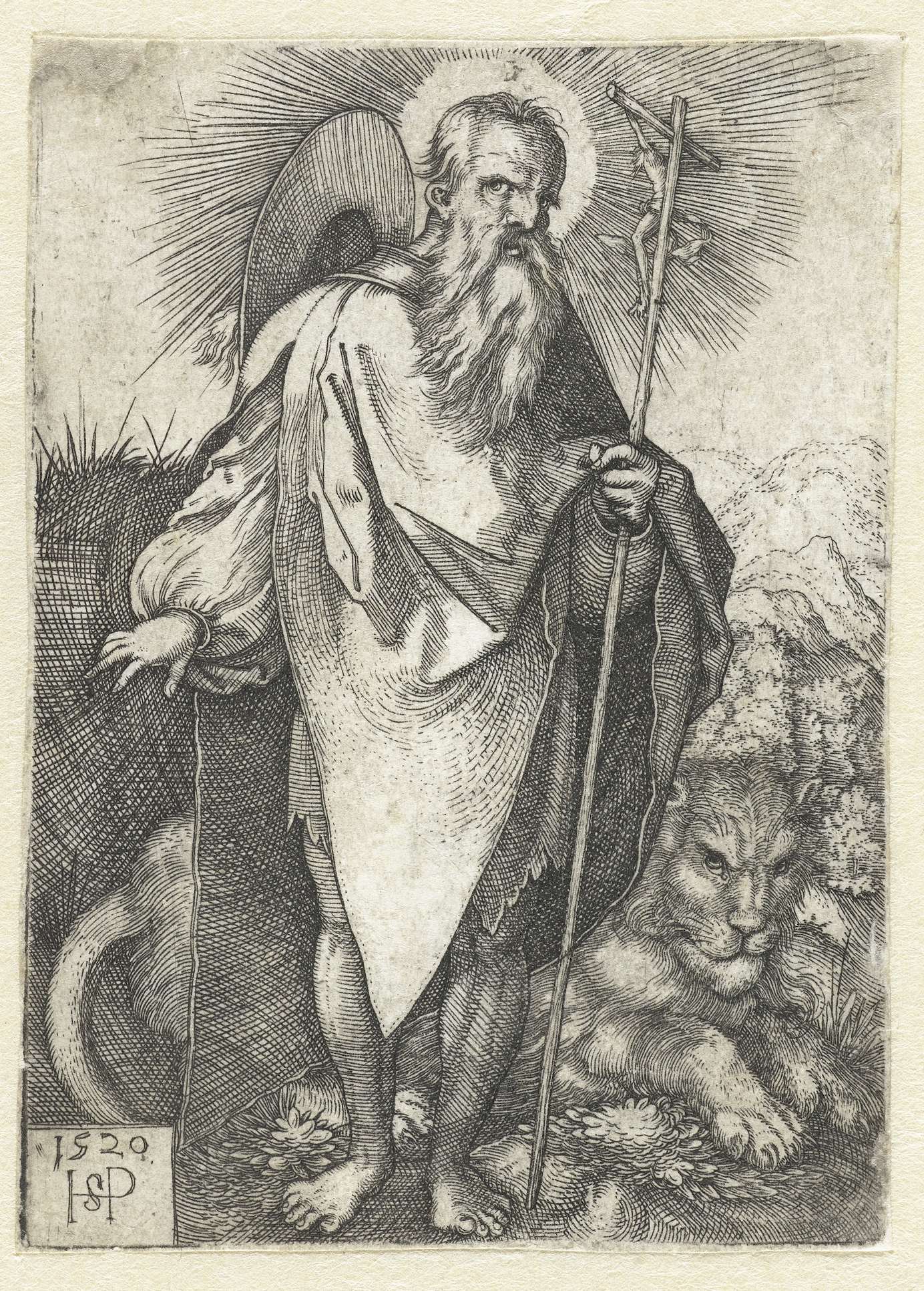 Engraving by Hans Sebald Beham depicting Saint Jerome with a crucifix and a lion.