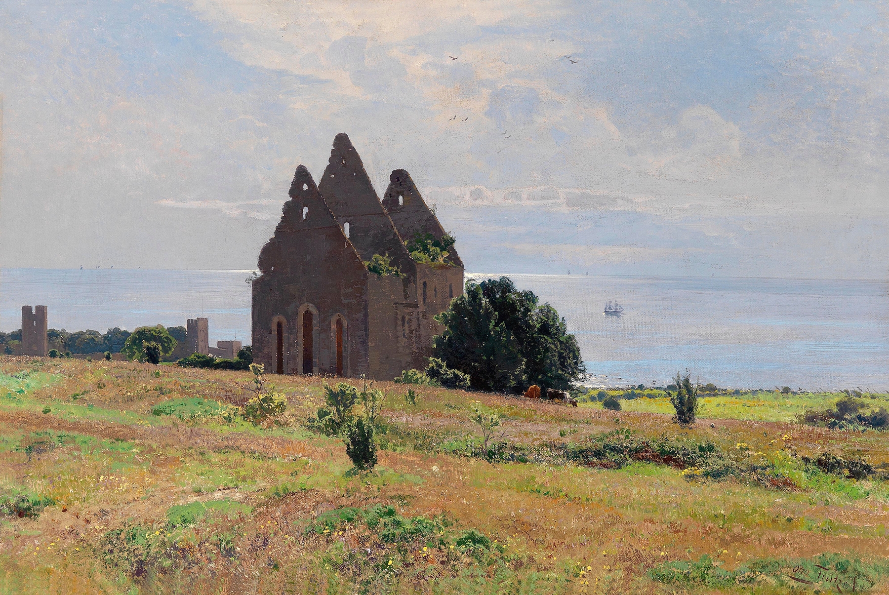 Oil painting by Otto Strützel depicting gentle waves and a summer day at Gotland's coast.