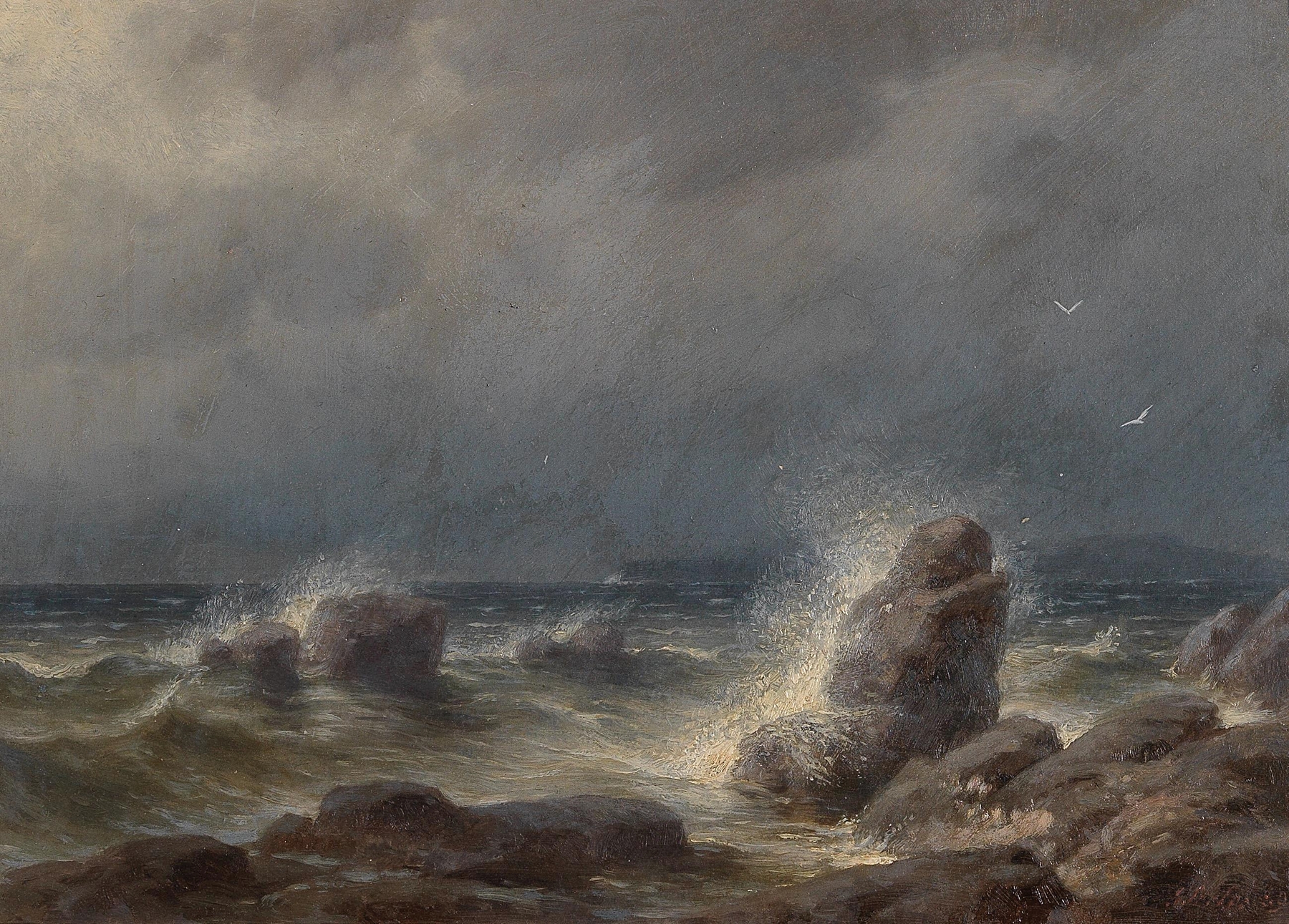 Marine scene with tumultuous waves by Gottfried Seelos, oil on canvas