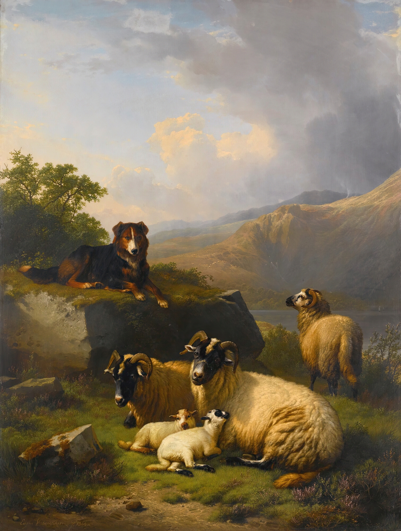 Oil painting by Eugène Joseph Verboeckhoven depicting a shepherd with sheep.