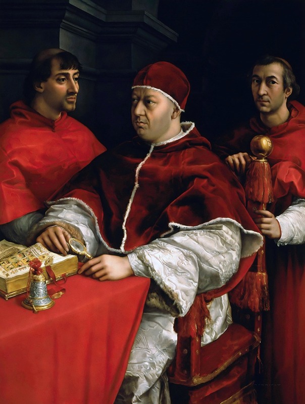 A detailed portrait of Pope Leo X with two cardinals, showcasing Renaissance artistry.
