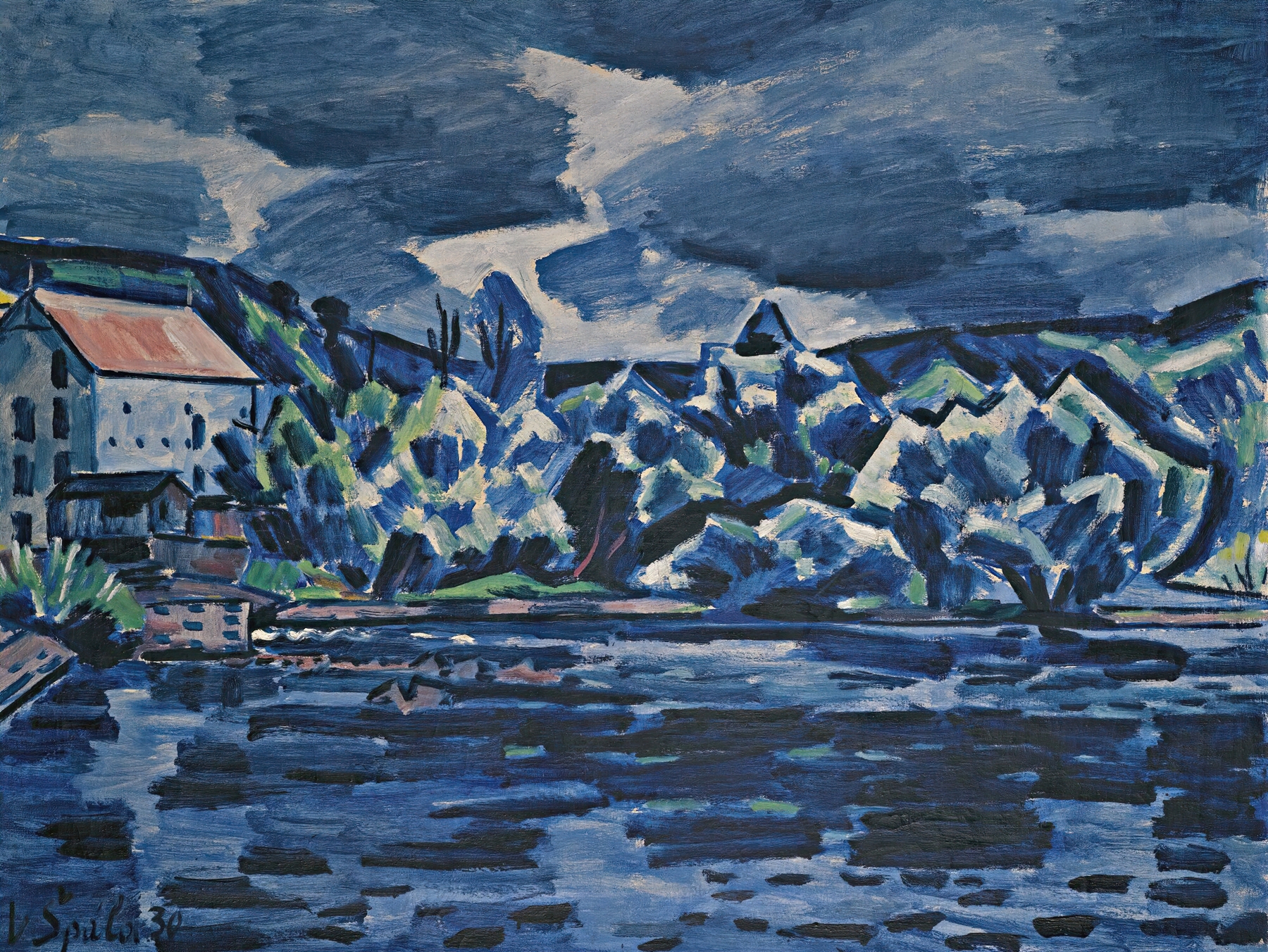 Thunderstorm By The River Otava, oil on canvas by Václav Špála depicting a stormy river landscape.