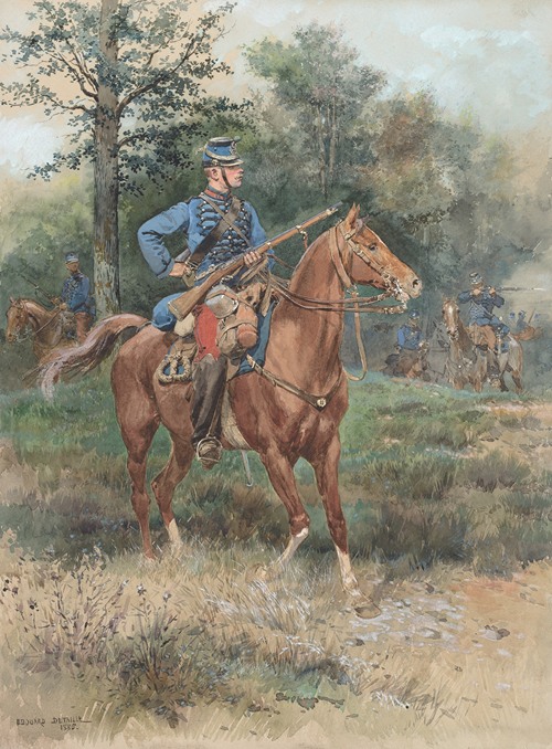 A soldier on horseback, depicted in a realistic style, showcasing military attire.