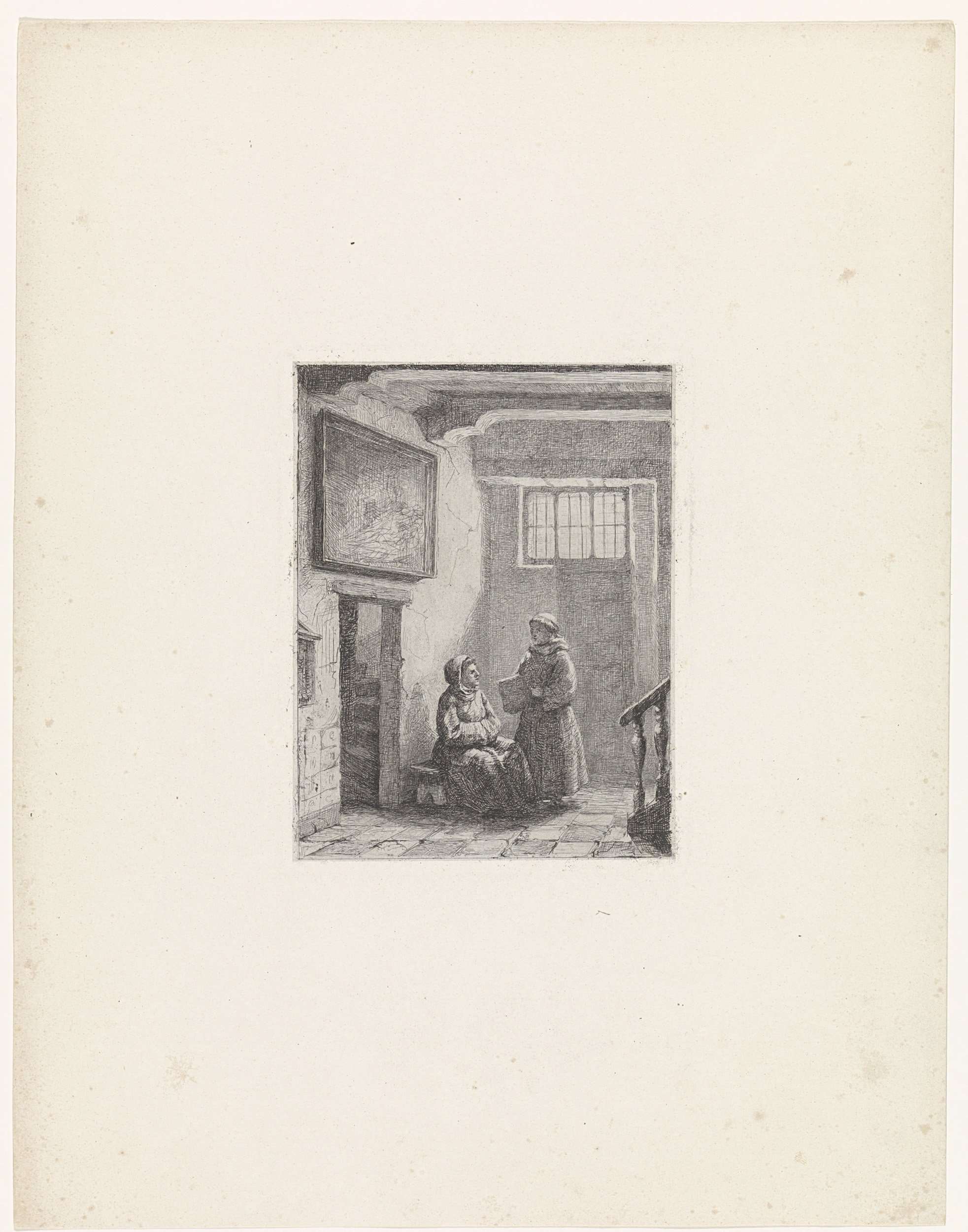 Zittende en staande monnik by David van der Kellen, etching of a seated monk in warm robes.