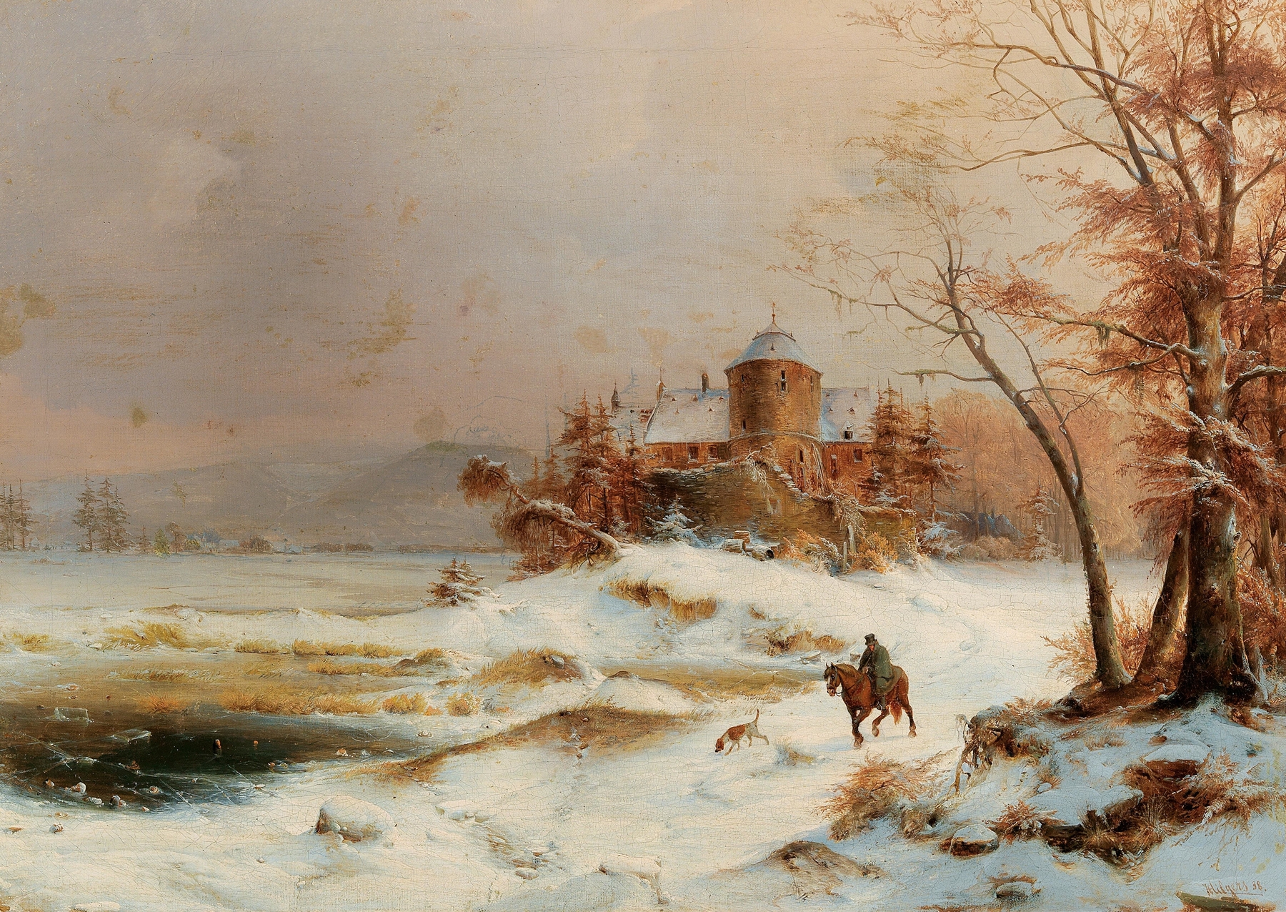 Riders in a vast winter landscape, oil painting by Carl Hilgers