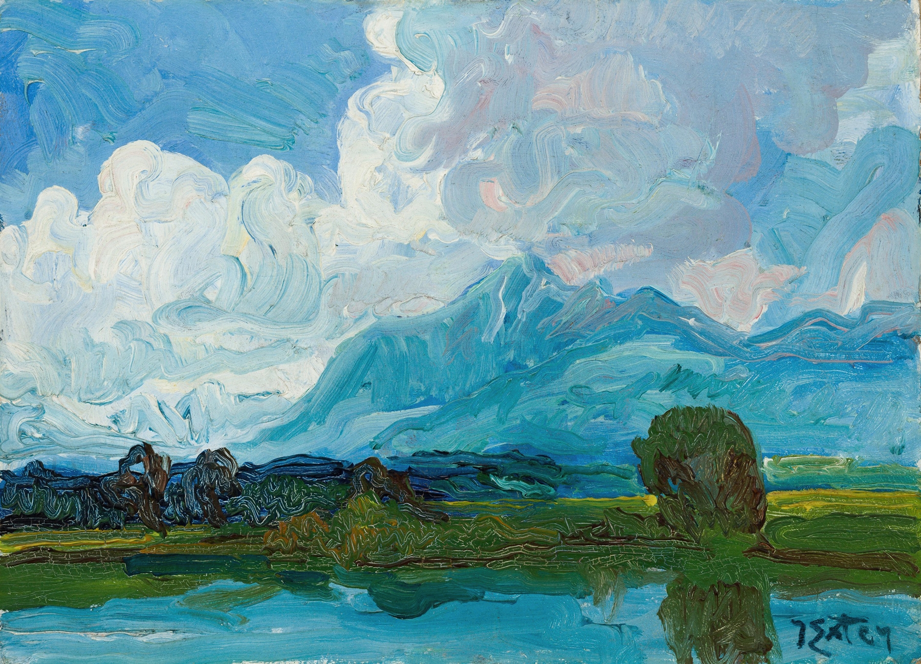 Landscape of Chiemsee with clouds, oil on canvas by Julius Exter