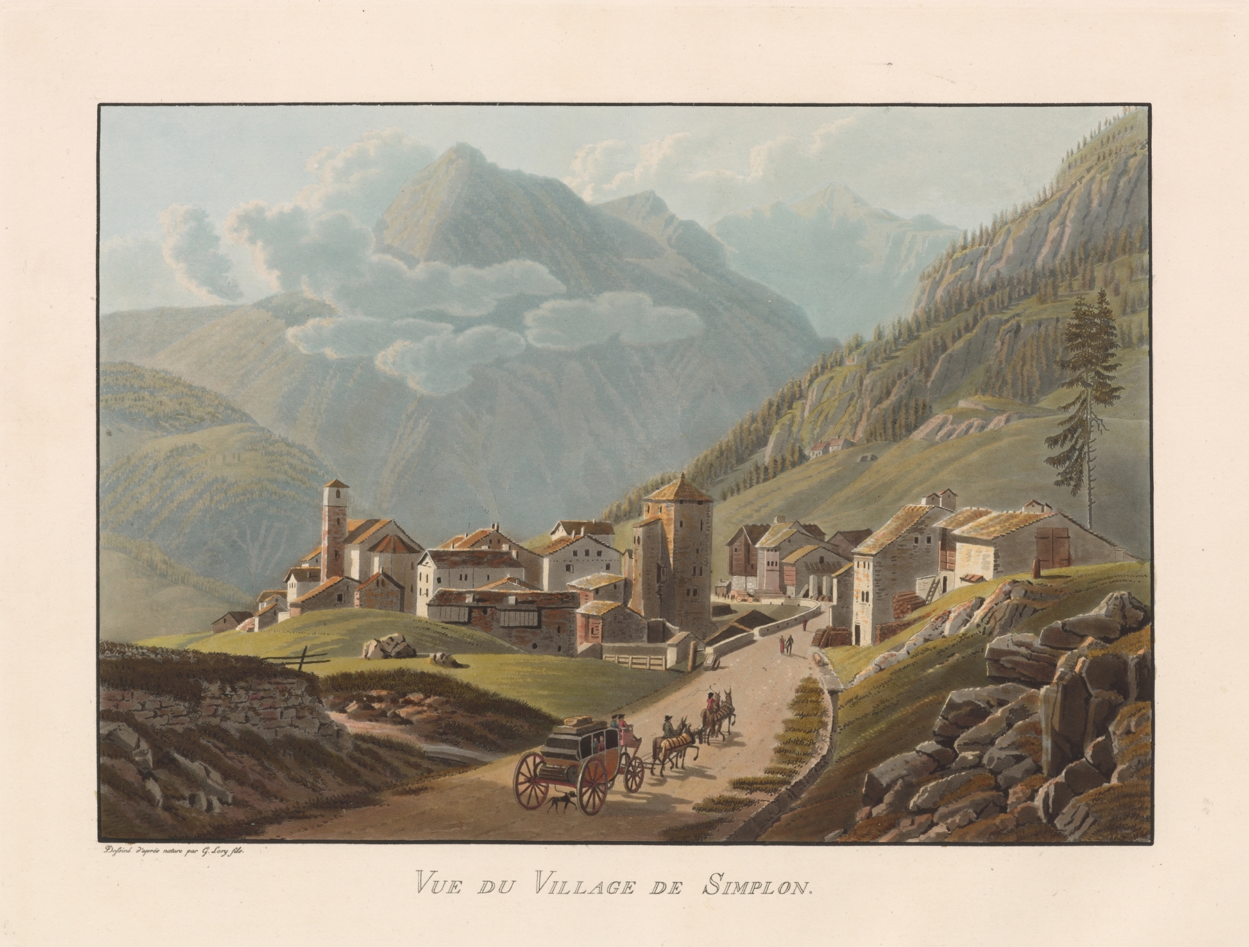Vue du village de Simplon by Gabriel Lory the Younger, oil painting depicting a village in the mountains.