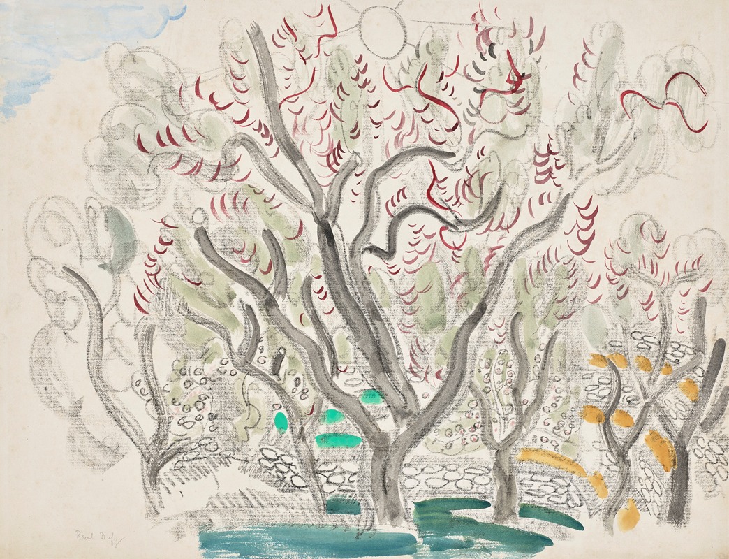 A vibrant landscape painting featuring olive trees by Raoul Dufy.