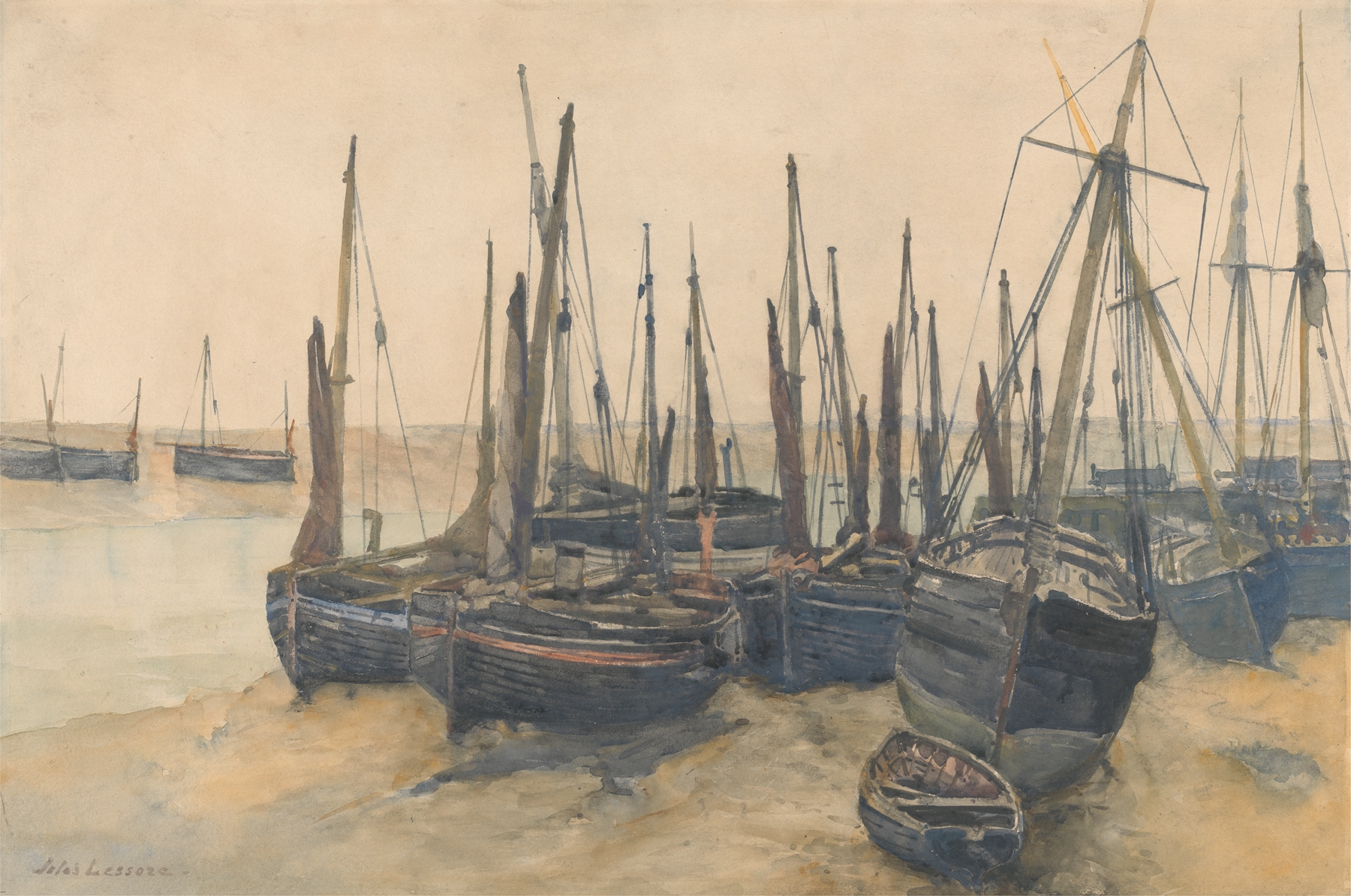 Fishing boats moored in calm water, oil painting by Jules Lessore