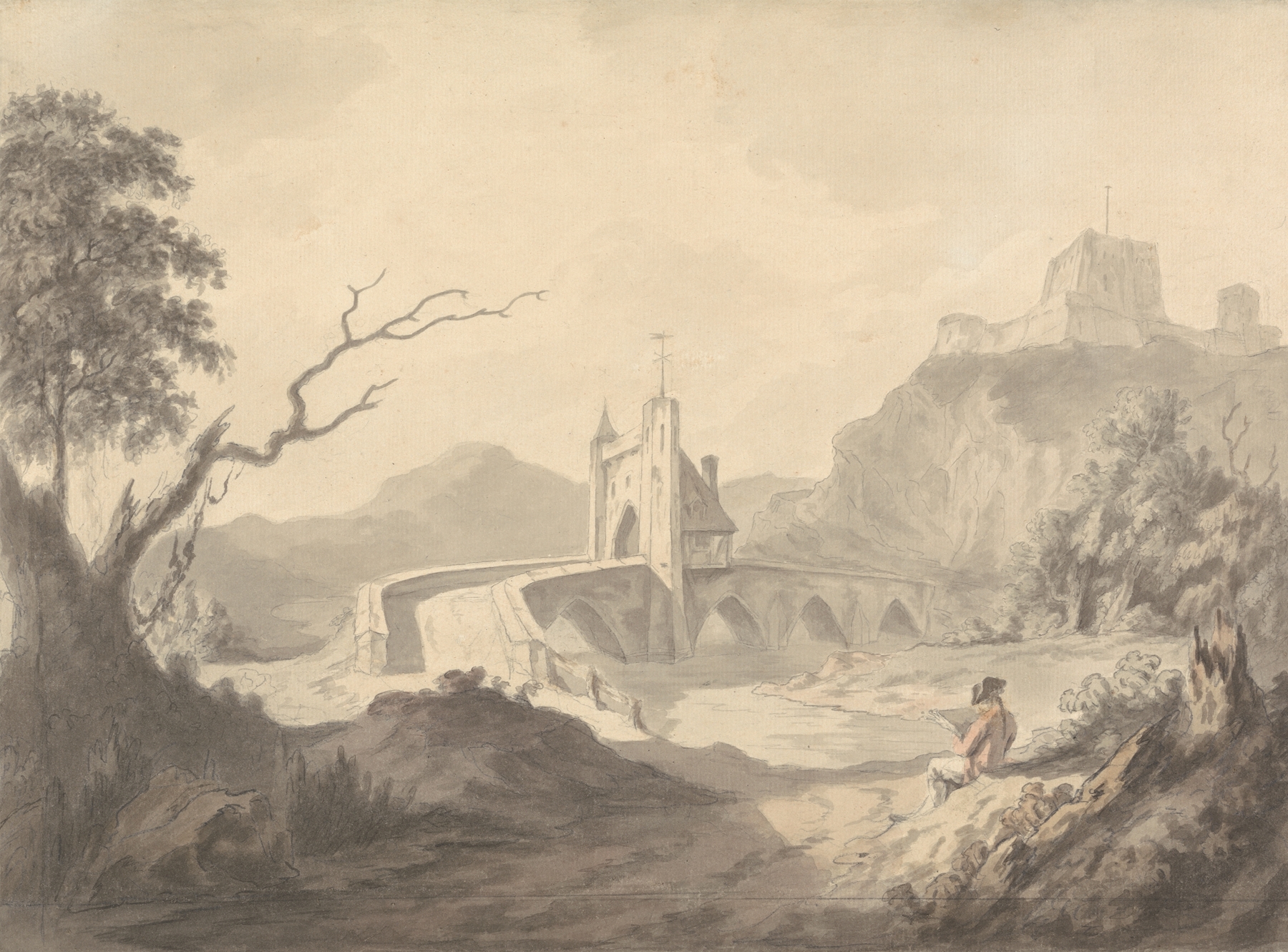 River Scene and Bridge with Artist Sketching, Romanticism by Samuel Davis