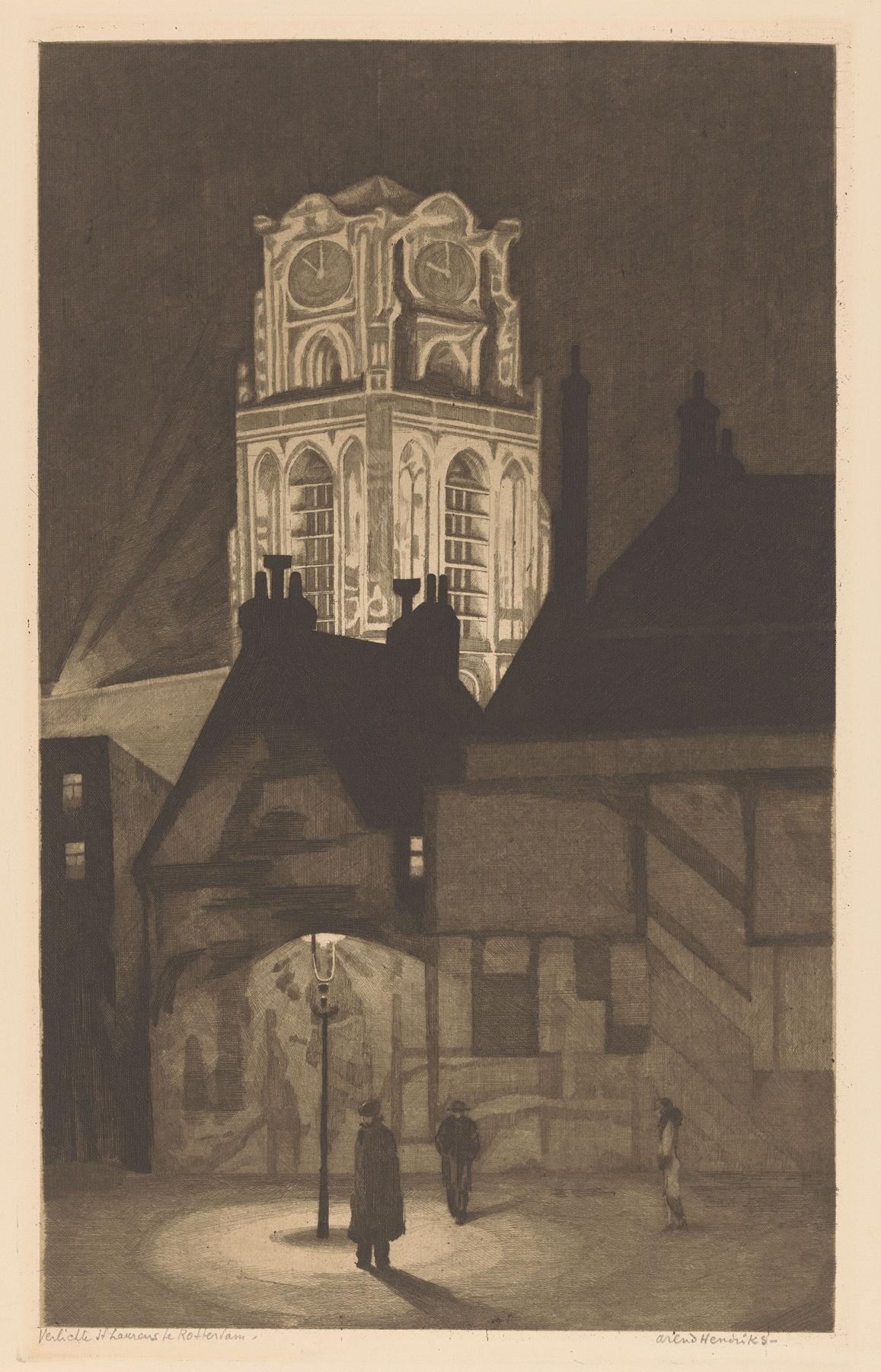 Verlichte Sint-Laurenskerk te Rotterdam, oil on canvas by Arend Hendriks