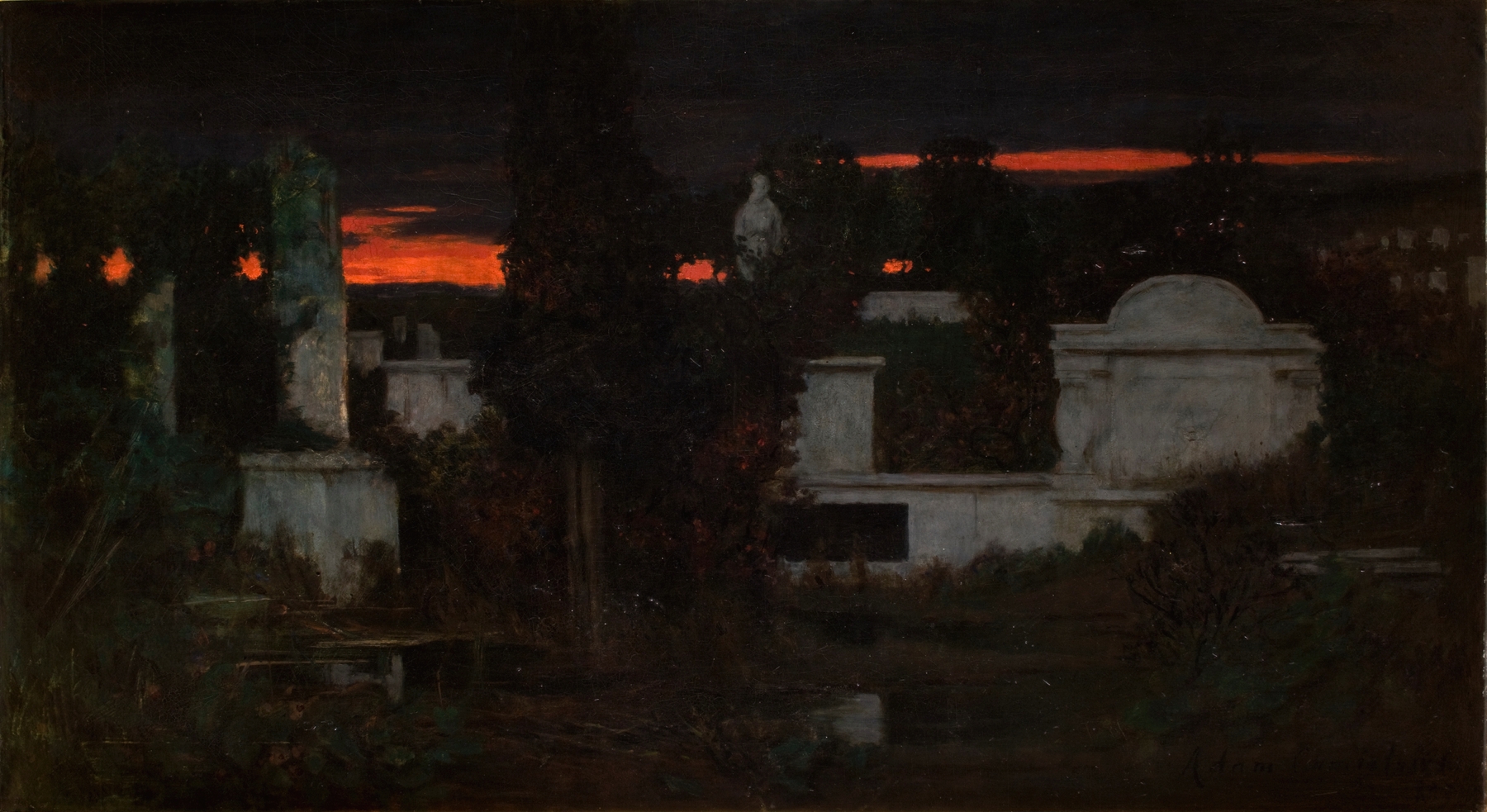 Italian Cemetery at Dusk by Adam Chmielowski, oil painting depicting tombstones at dusk