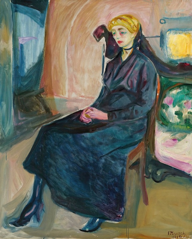 Edvard Munch's 'Sittende Ung Kvinne' features a young woman seated, showcasing his unique style.
