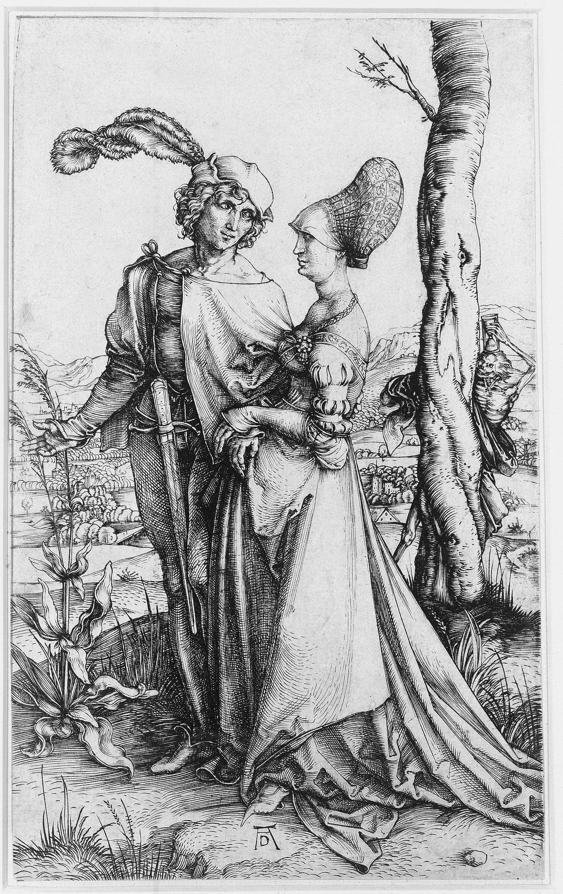 Engraving by Albrecht Dürer depicting a couple and Death.