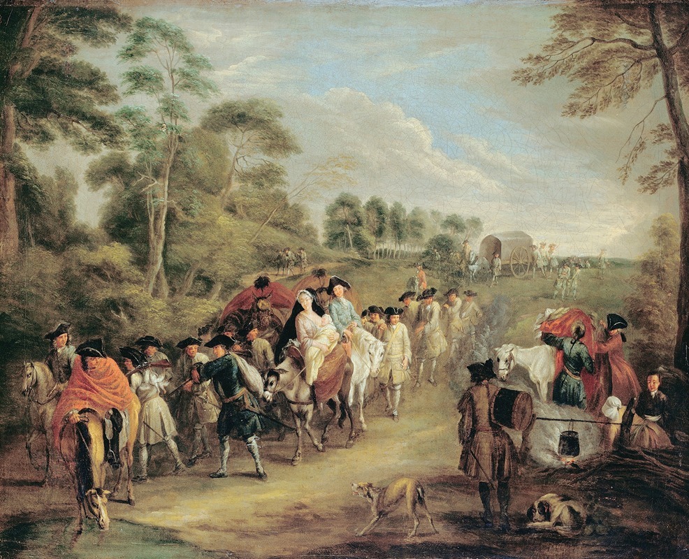 A painting depicting soldiers marching, showcasing Watteau's characteristic style.