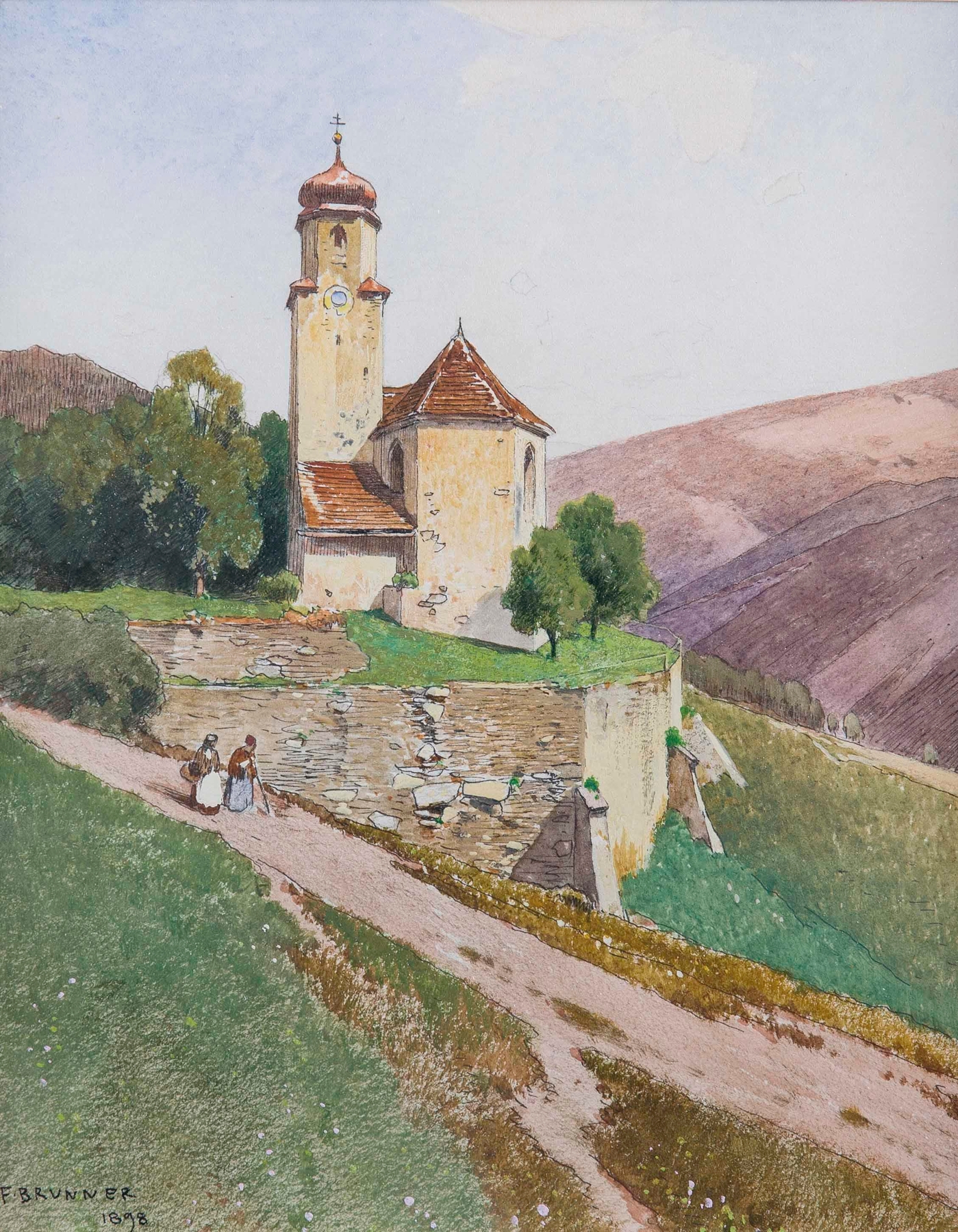 Hügelige Sommerlandschaft mit Kapelle und Personenstaffage, by Ferdinand Brunner, public domain
