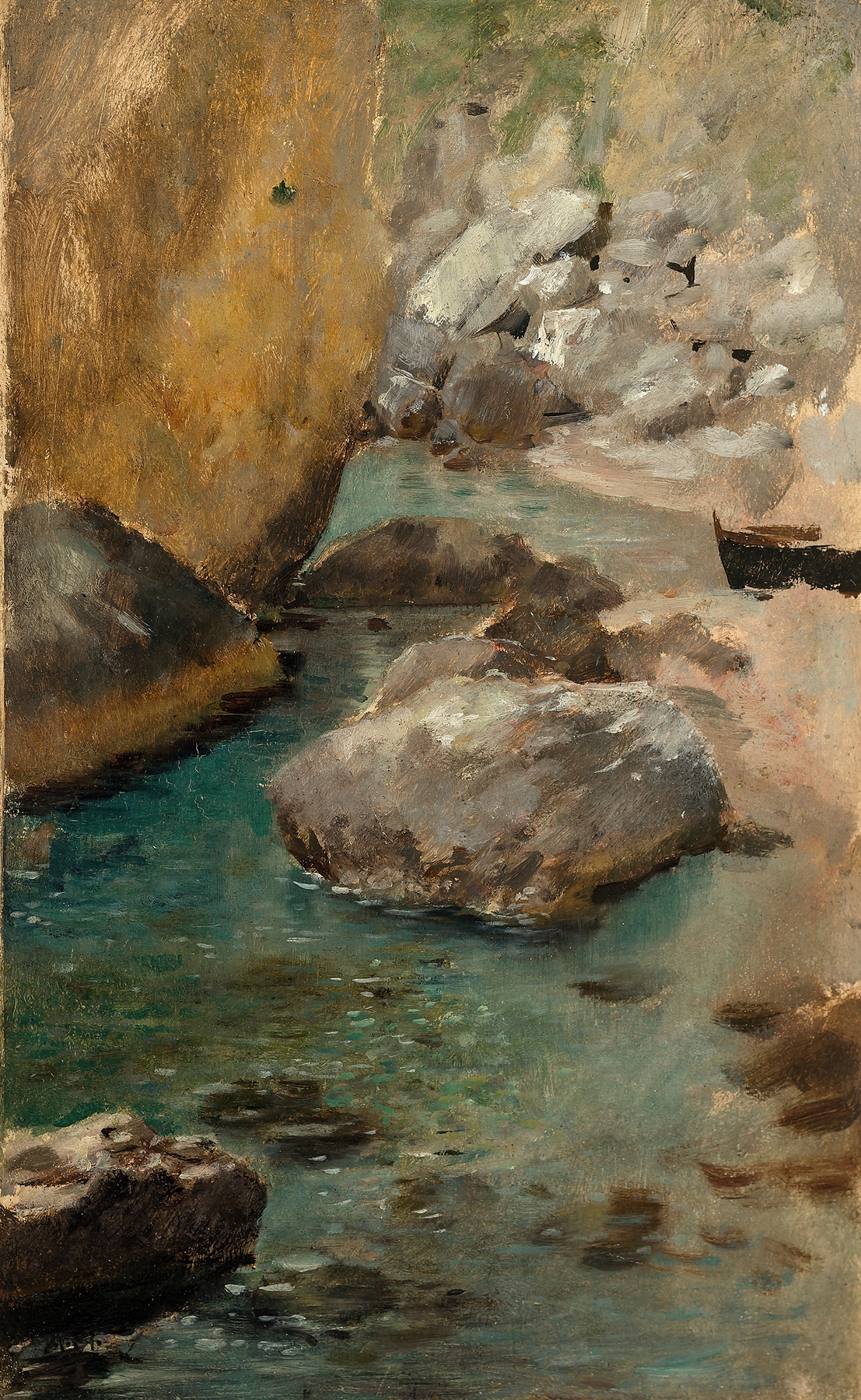 Marine scene with azure waters and rugged cliffs by Adolf Hirémy-Hirschl, oil painting