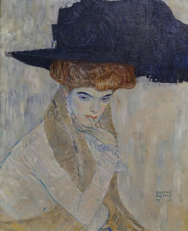 Gustav Klimt's 'The Black-Feathered Hat' features a striking portrait with intricate details.
