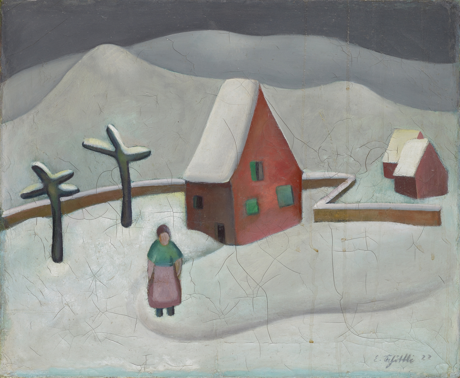 Winterlandschaft mit rotem Haus, by Emanuel Schöttli, public domain
