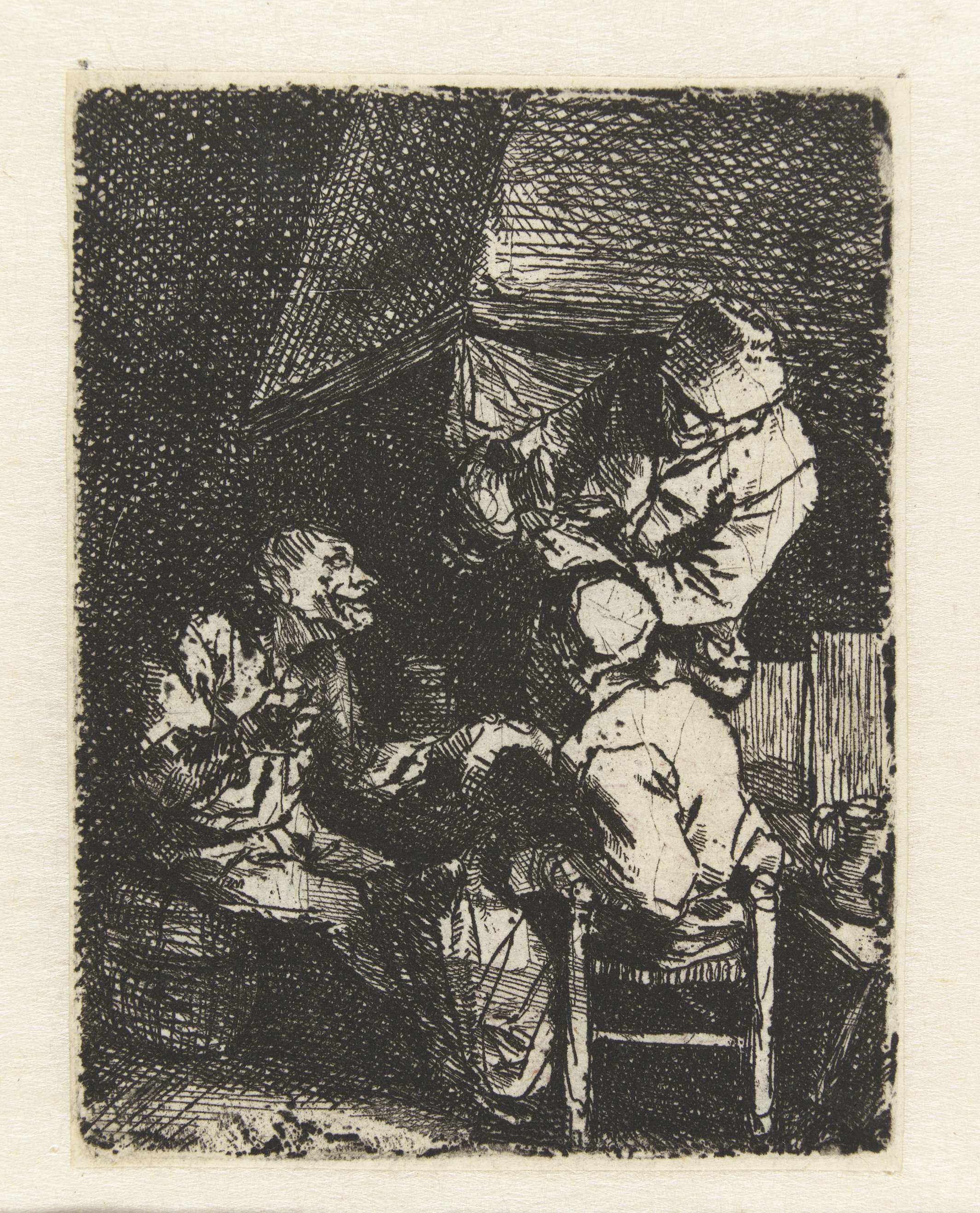 Gezelschap rond de haard etching by Cornelis Pietersz. Bega showing figures gathered around a warm hearth