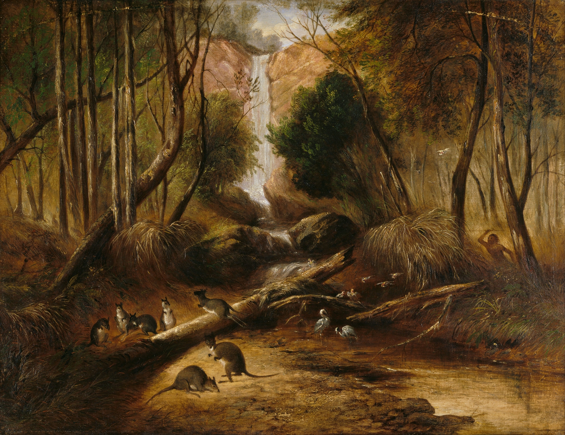 Bush landscape with waterfall and an aborigine stalking wildlife, oil on canvas by John Skinner Prout