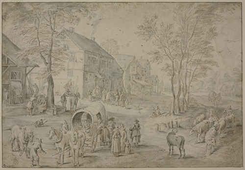 A vibrant village scene filled with numerous figures engaged in daily activities.