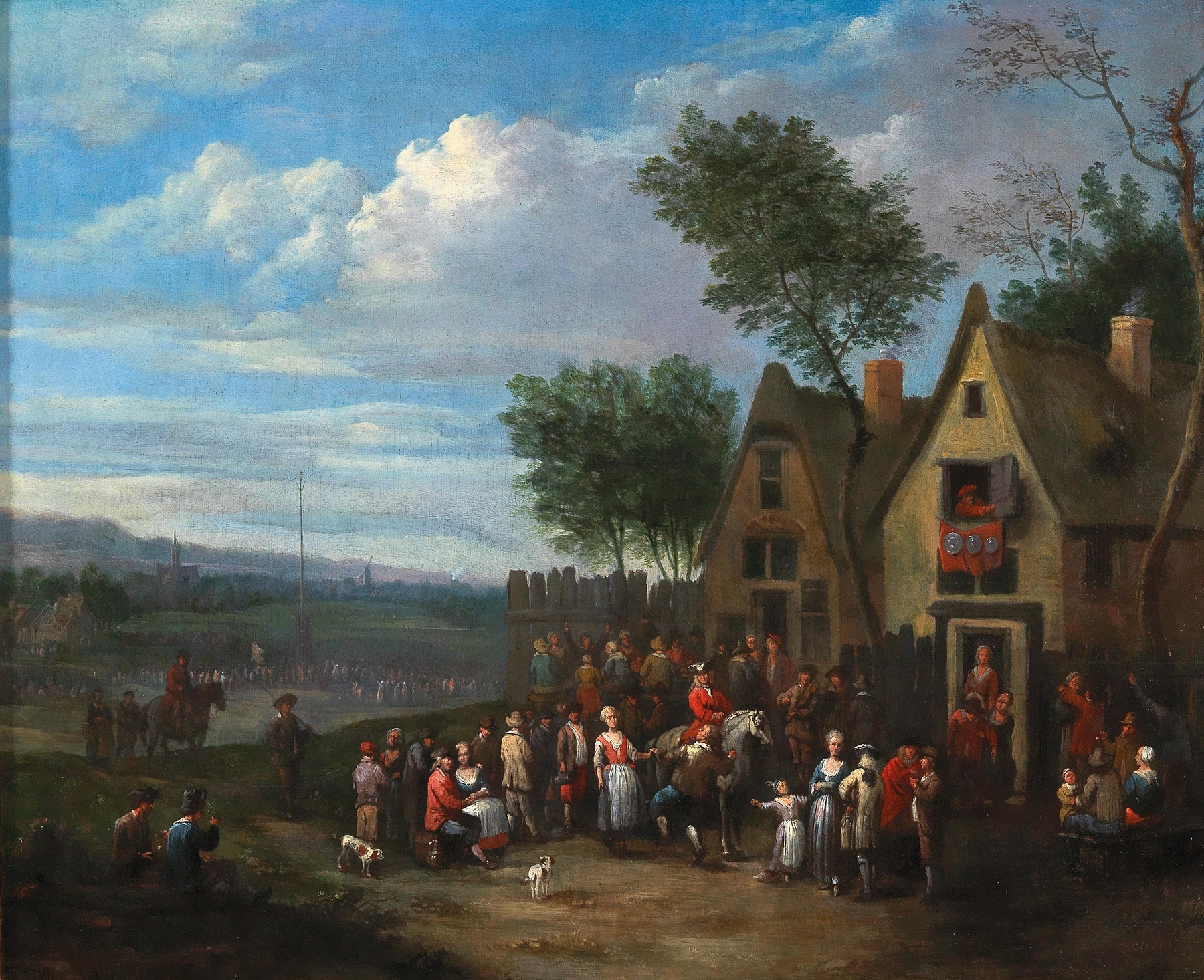 A landscape with peasants, oil painting by Karel Breydel, featuring hills and a dusky sky.