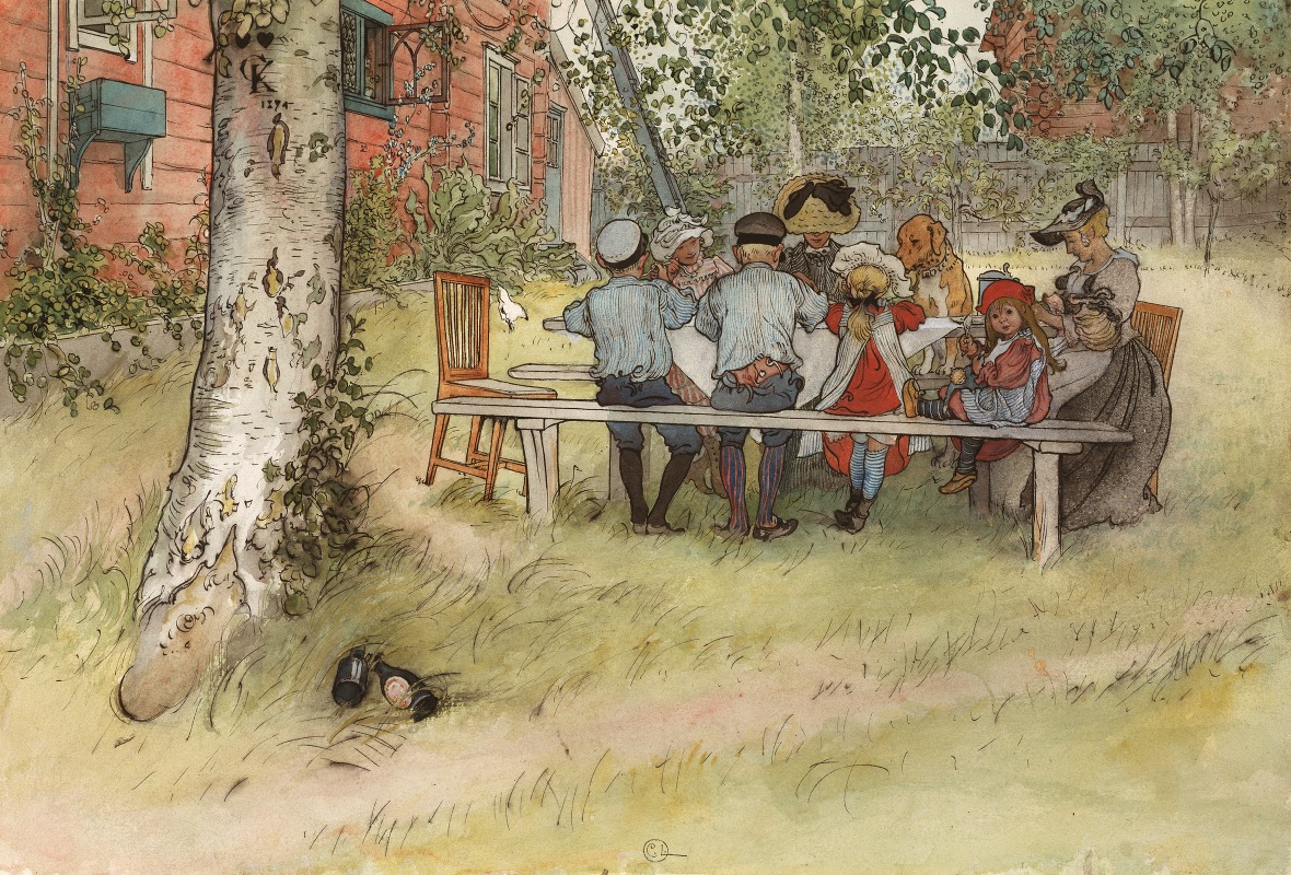 A family enjoys breakfast under a large birch tree in a sunlit garden.