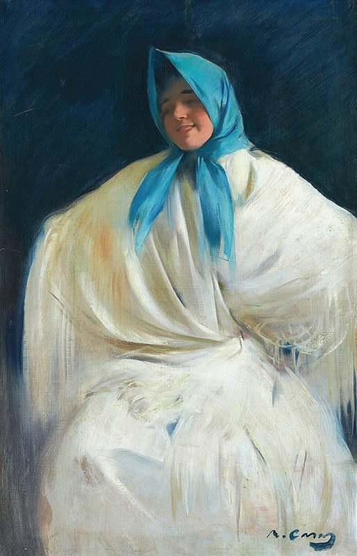 A portrait of a girl wearing a blue scarf by Ramón Casas.