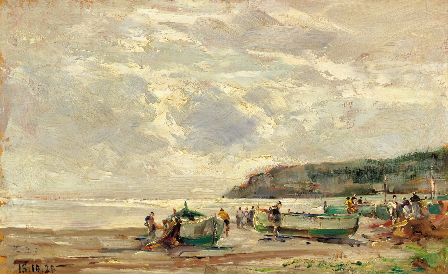 Marine scene of Spiaggia Di Noli by Carlo Follini, oil painting depicting waves and sunset.