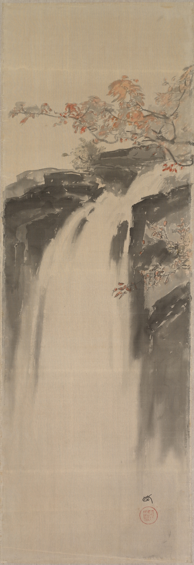 Ukiyo-e by Yoshida Hiroshi, depicting a waterfall cascading over rocks in soft blues.