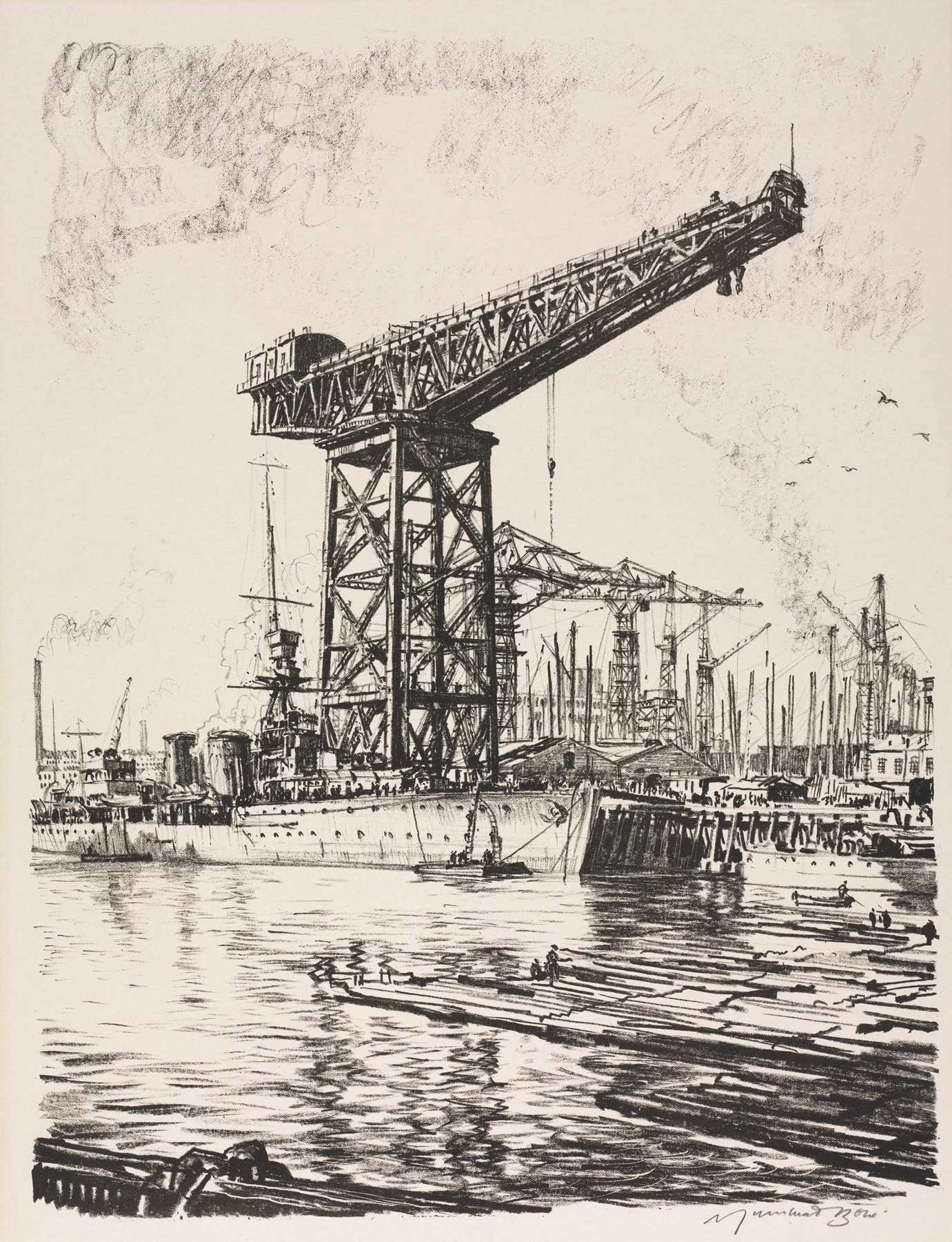 The Great War; Britain’s Efforts and Ideals; Building Ships; A Fitting Out Basin, by Muirhead Bone, public domain