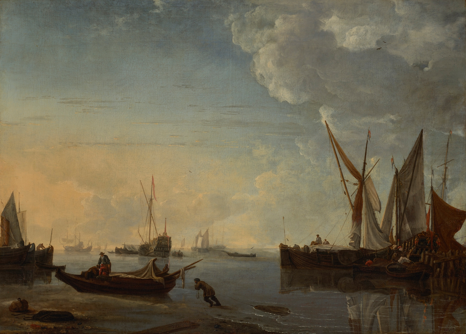 Oil on canvas by Hendrick Jacobsz. Dubbels depicting ships at sunset over calm waters.